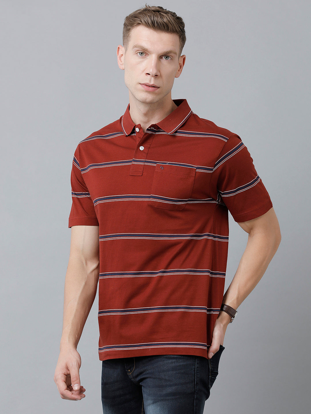 red white and black striped polo shirt