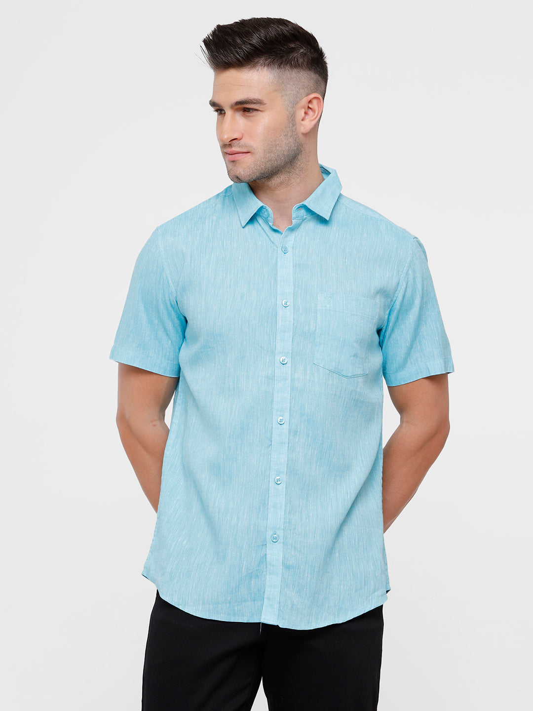 Classic Polo Mens Blue Linen Cotton Woven Shirt - Porsh Aqua HS