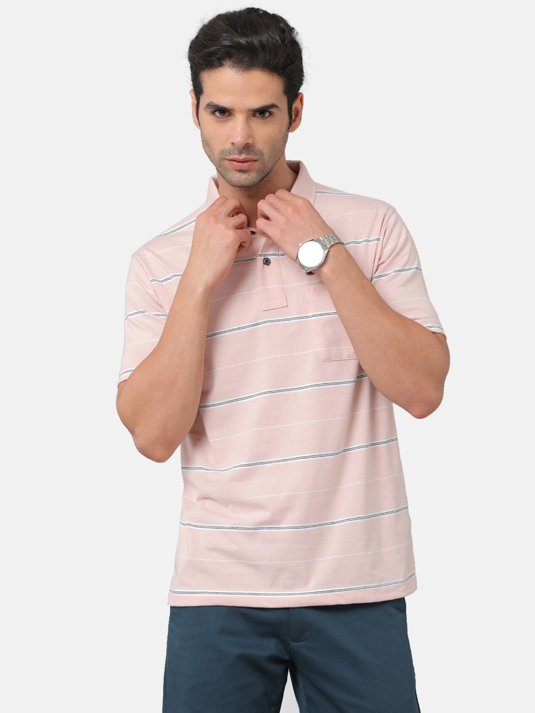 Classic Polo Mens Cotton Blend Striped Authentic Fit Polo Neck Pink Color T-Shirt | Avon 477b