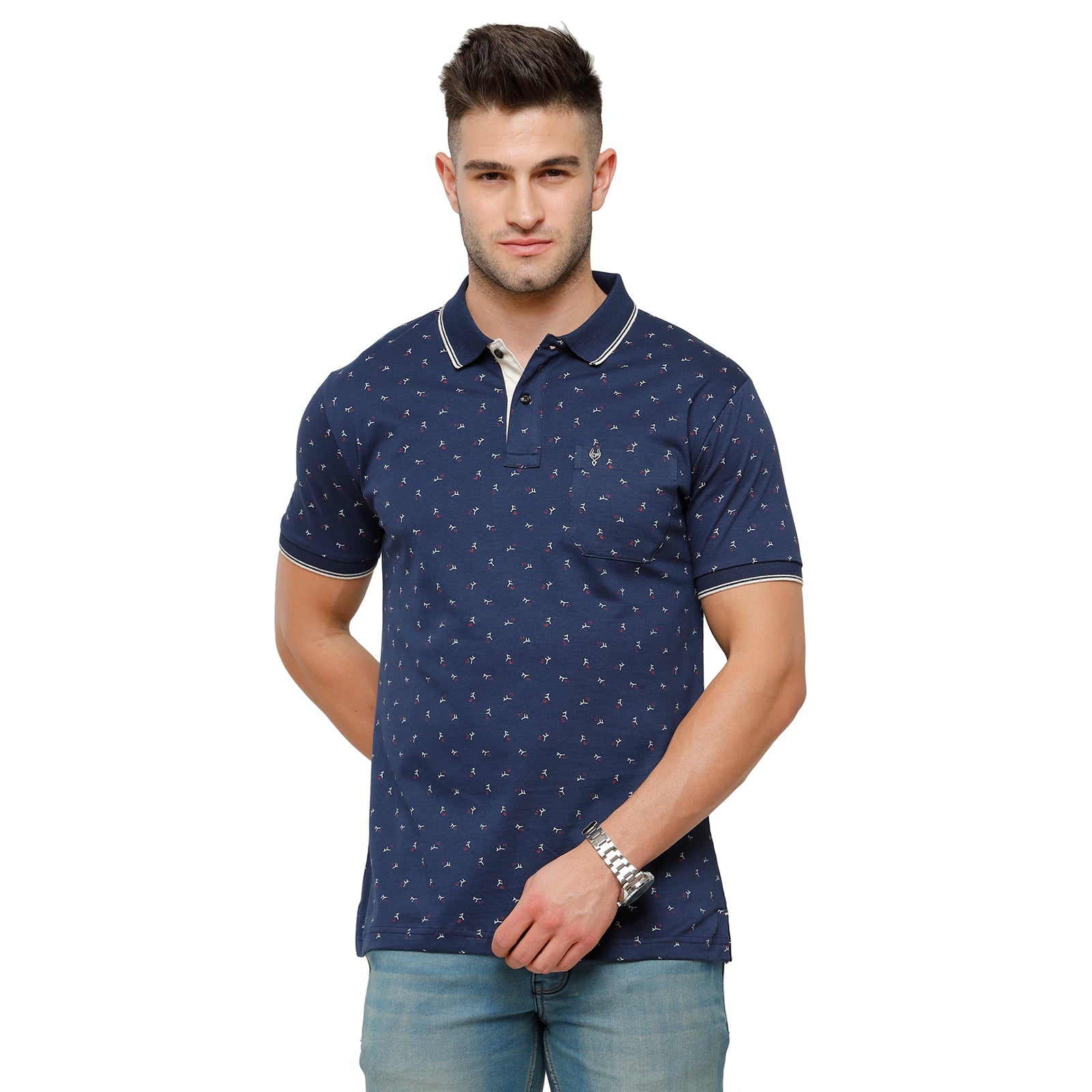 Classic Polo Mens Printed Slim Fit Polo Neck Navy Blue Colour T-Shirt - Bello 164 B T-shirt Classic Polo 