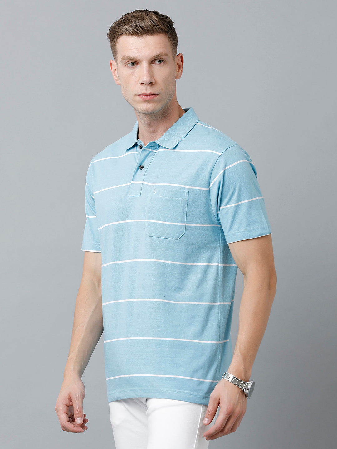Classic Polo Men's Cotton Blend Half Sleeve Striped Authentic Fit Polo Neck Sky Blue Color T-Shirt | Avon - 518 A
