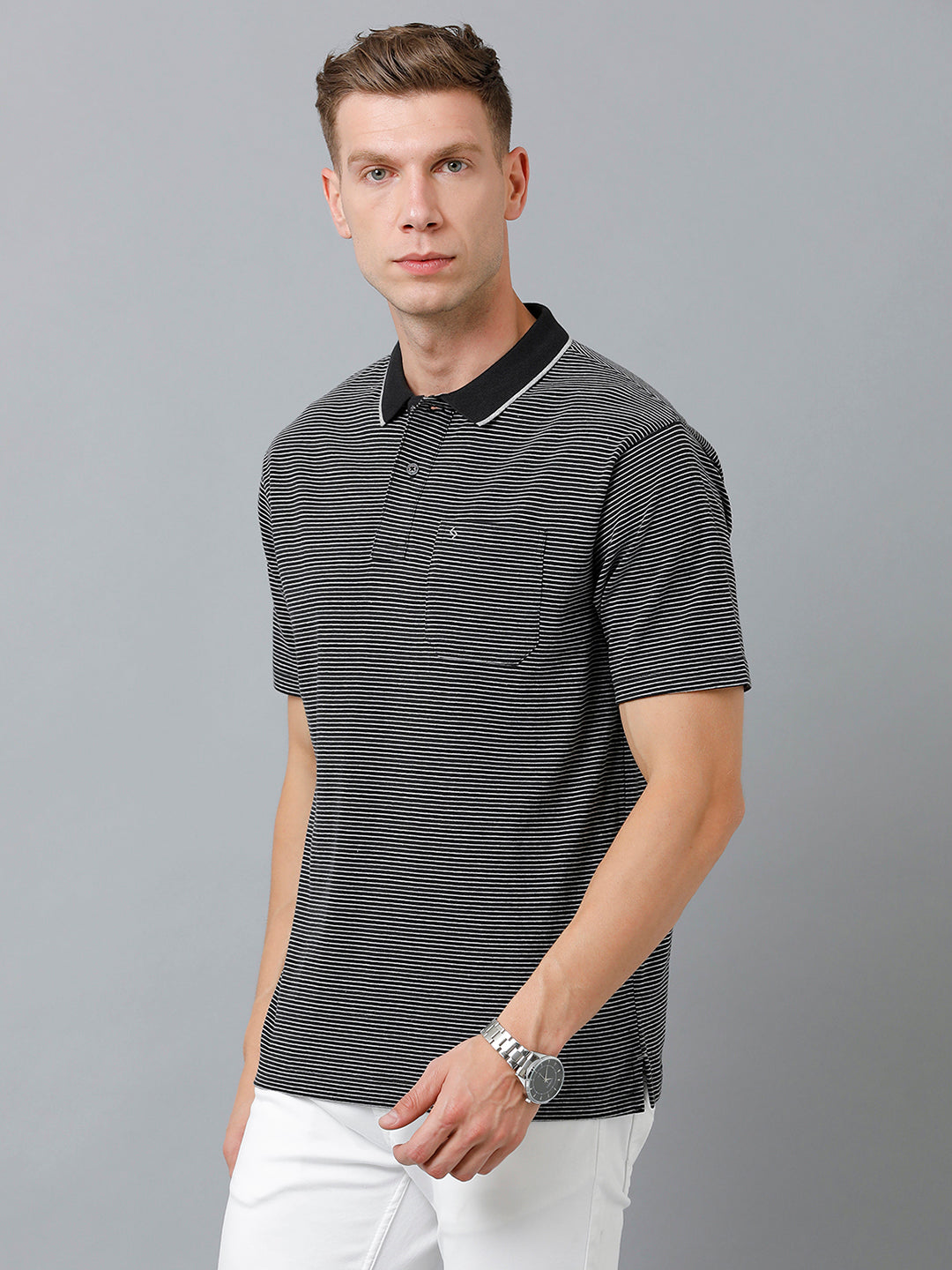 Classic Polo Men's Cotton Half Sleeve Striped Authentic Fit Polo Neck Black Color T-Shirt | Feeders - 222 B