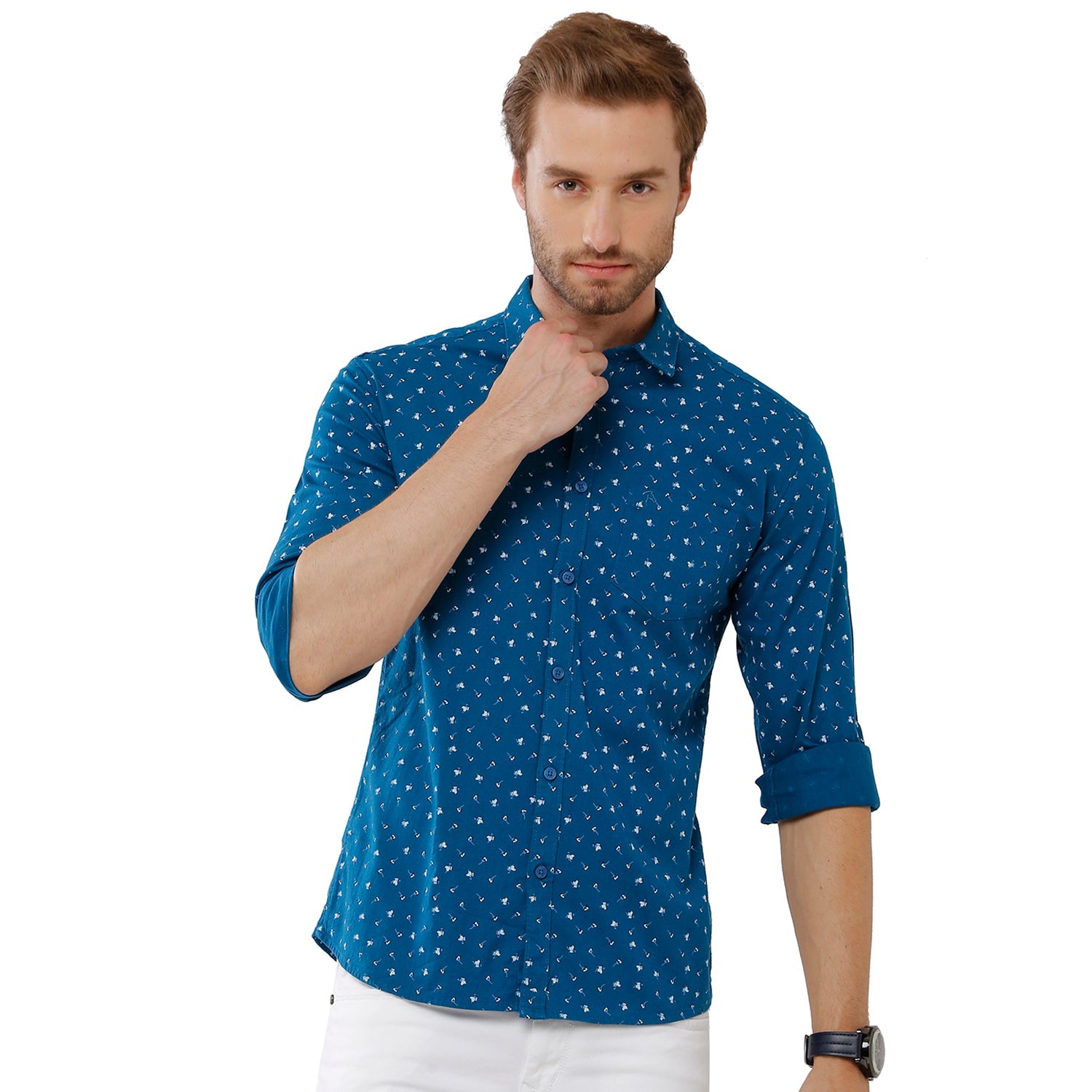 Classic Polo Bro Mens 100% Cotton Printed Full Sleeve Slim Fit Polo Neck Navy Color Woven Shirt (SBN1-72 B-FS-PRT-BSL) Classic Polo 