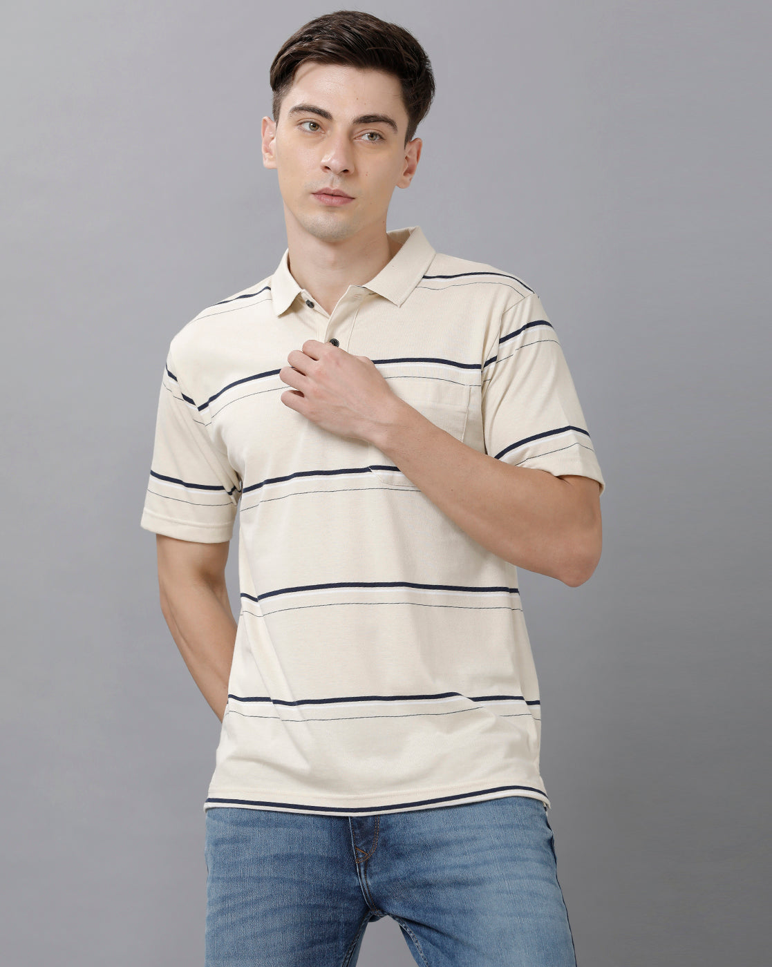 Classic Polo Mens Cotton Blend Striped Half Sleeve Authentic Fit Polo Neck White Color T-Shirt | Avon 492 A