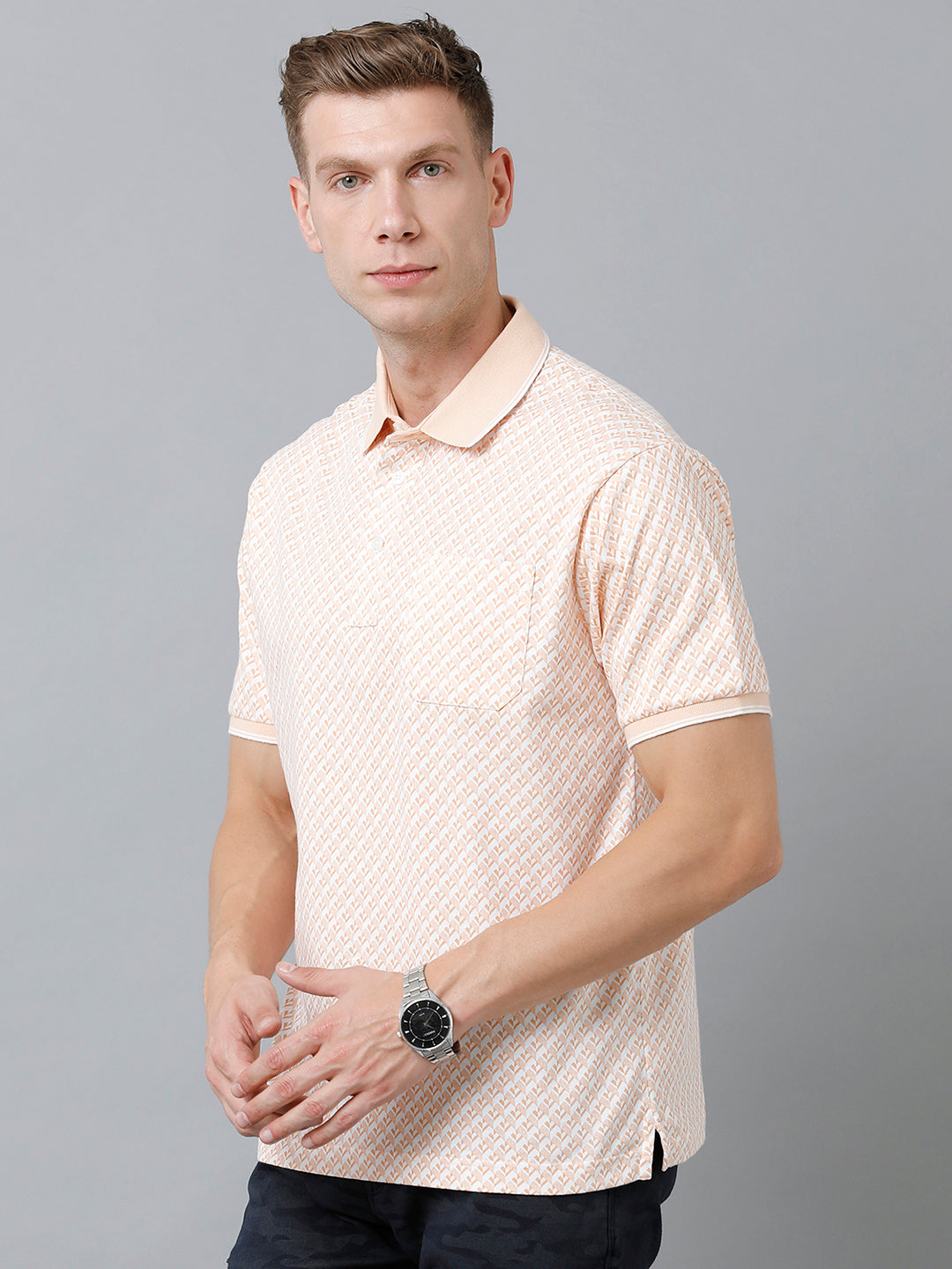 Classic Polo Men's Cotton Half Sleeve Printed Authentic Fit Polo Neck Peach Color T-Shirt | Carve Polo - 09 A