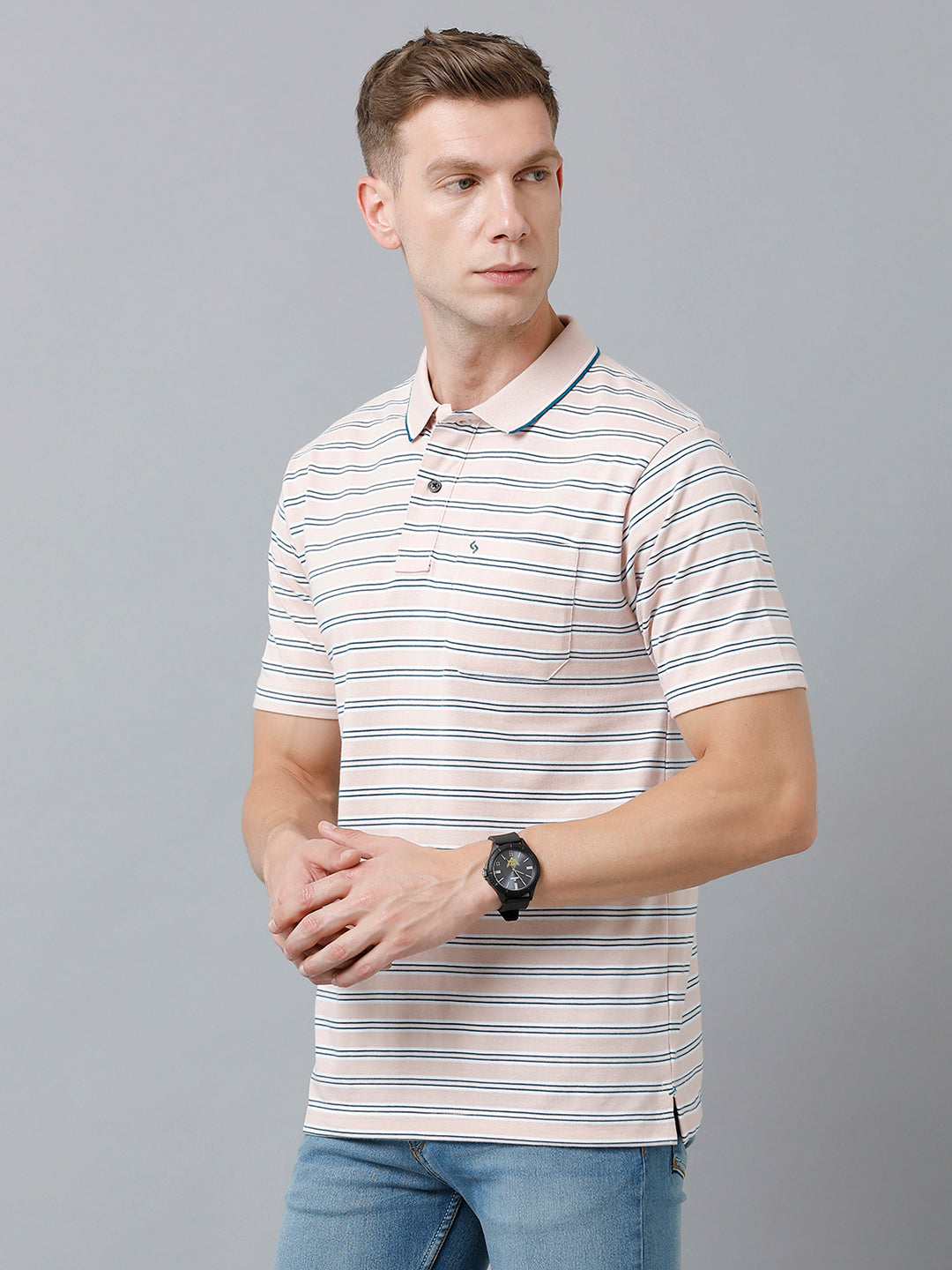 Classic Polo Men's Cotton Half Sleeve Striped Authentic Fit Polo Neck Beige Color T-Shirt | Feeders - 215 B