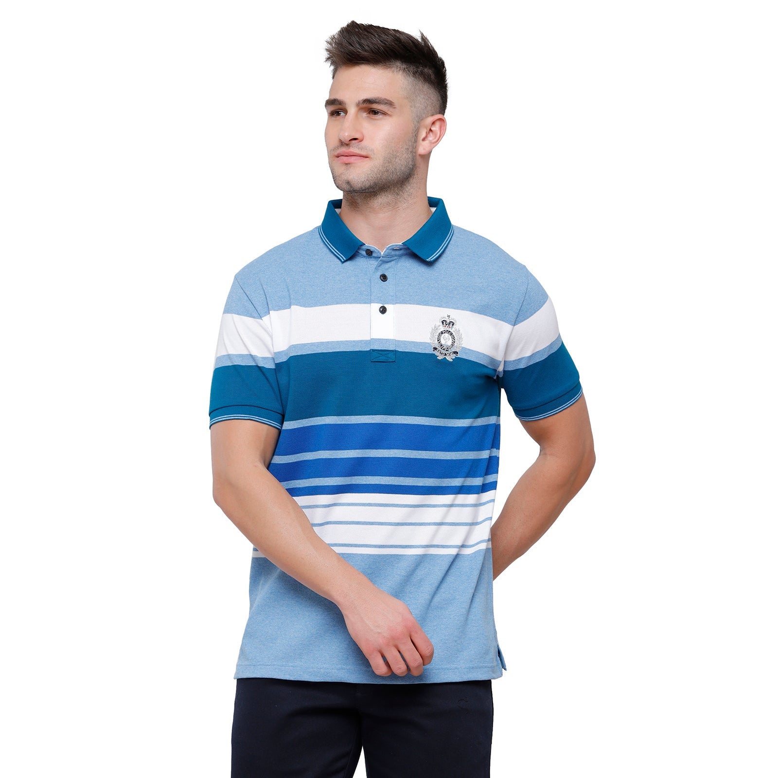 Classic Polo Mens Multi Blue Stripped Slim Fit Polo Neck T-Shirt - VTA 188 B T-shirt Classic Polo 