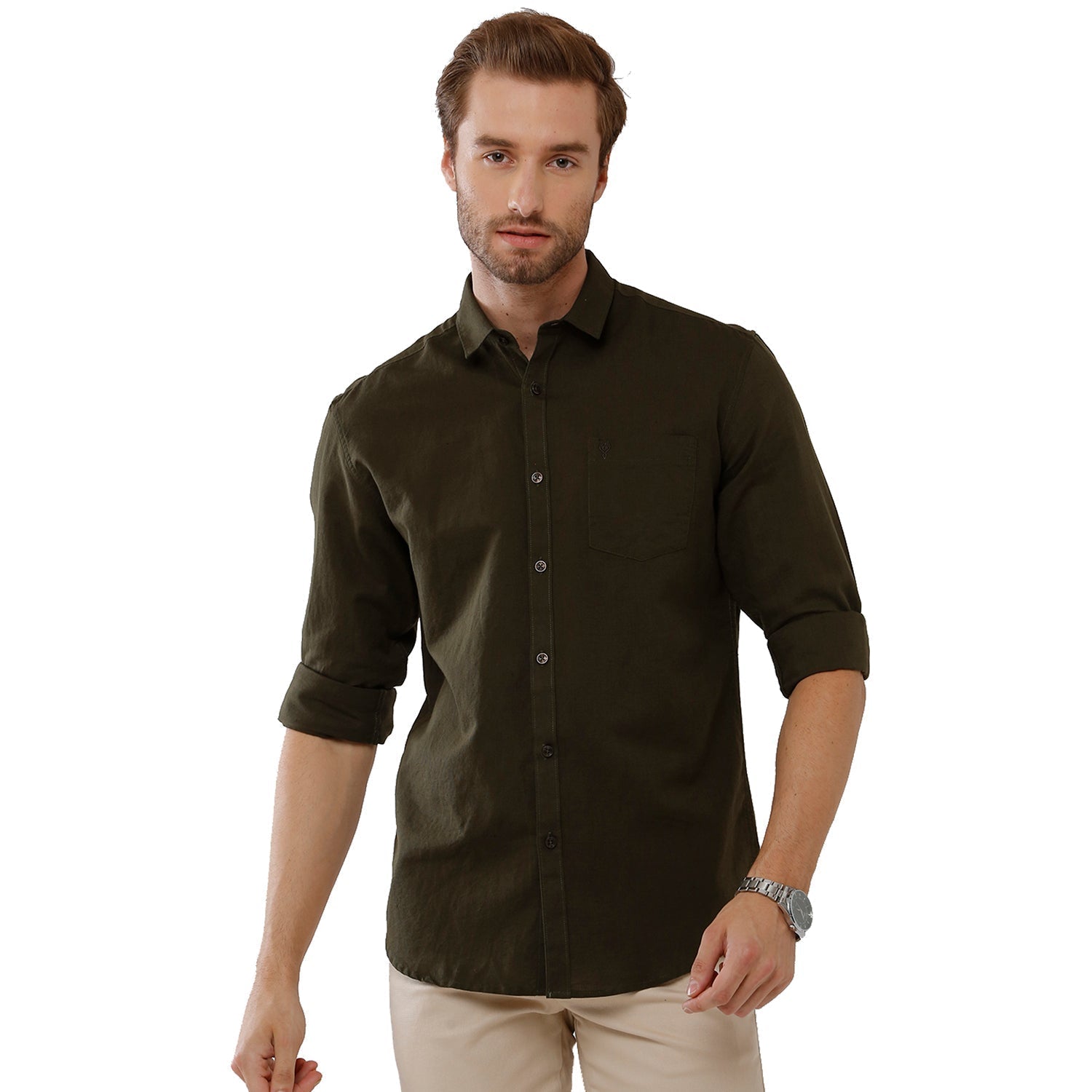 Classic Polo Mens 100% Cotton Solid Milano Fit Olive Green Color Woven Shirt - Mica Olive Shirts Classic Polo 