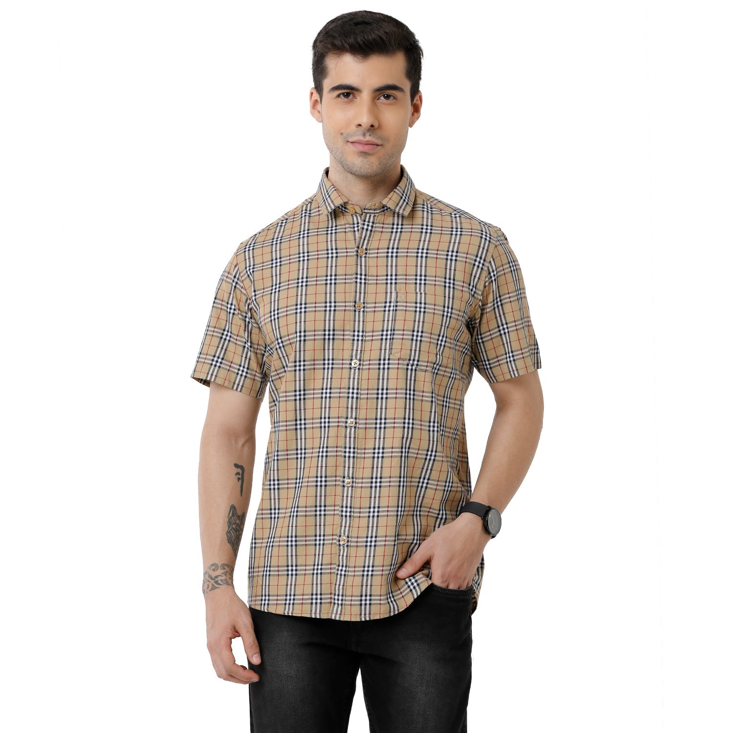 Classic Polo Mens Checked Slim Fit Half Sleeve Brown Color Shirt - SN1-121 B Shirts Classic Polo 