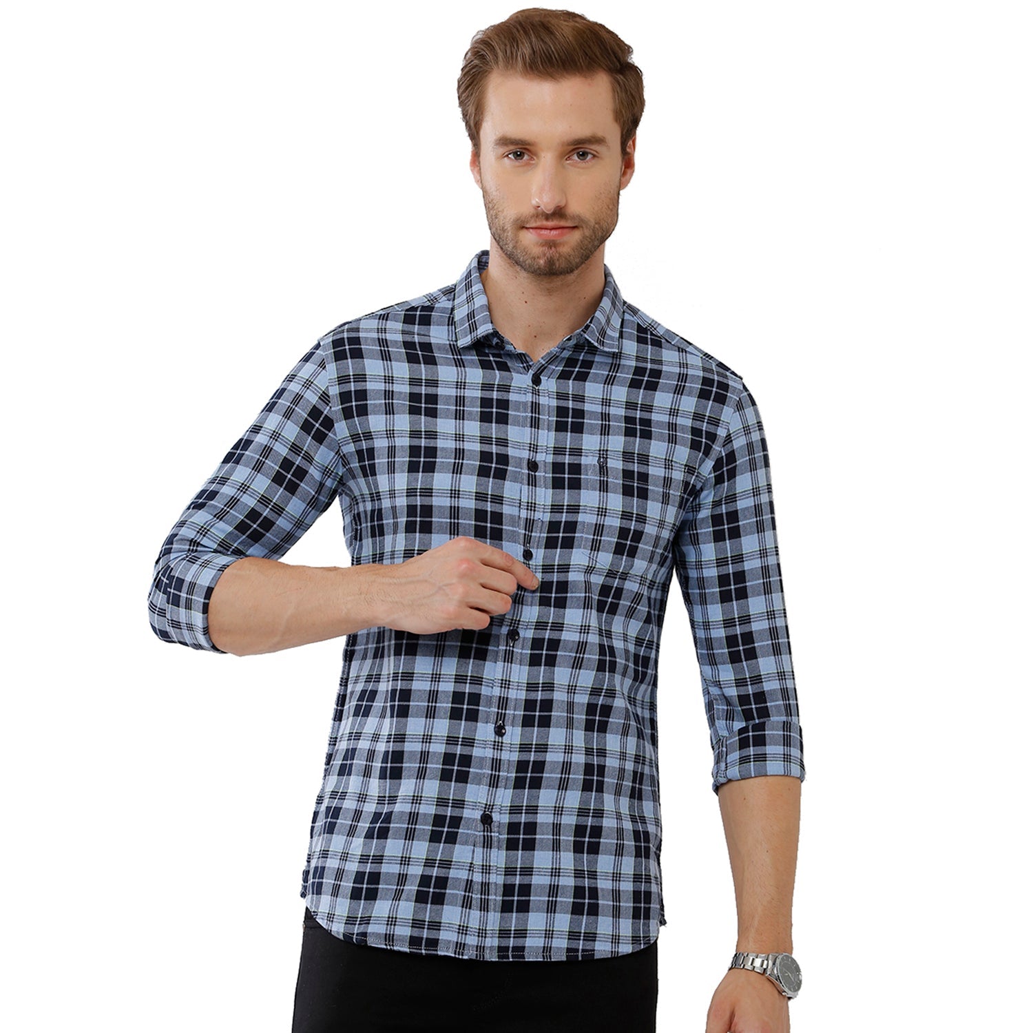 Classic Polo Mens 100% Cotton Full Sleeve Checked Slim Fit Blue color Woven Shirt -SN1 135 A Shirts Classic Polo 