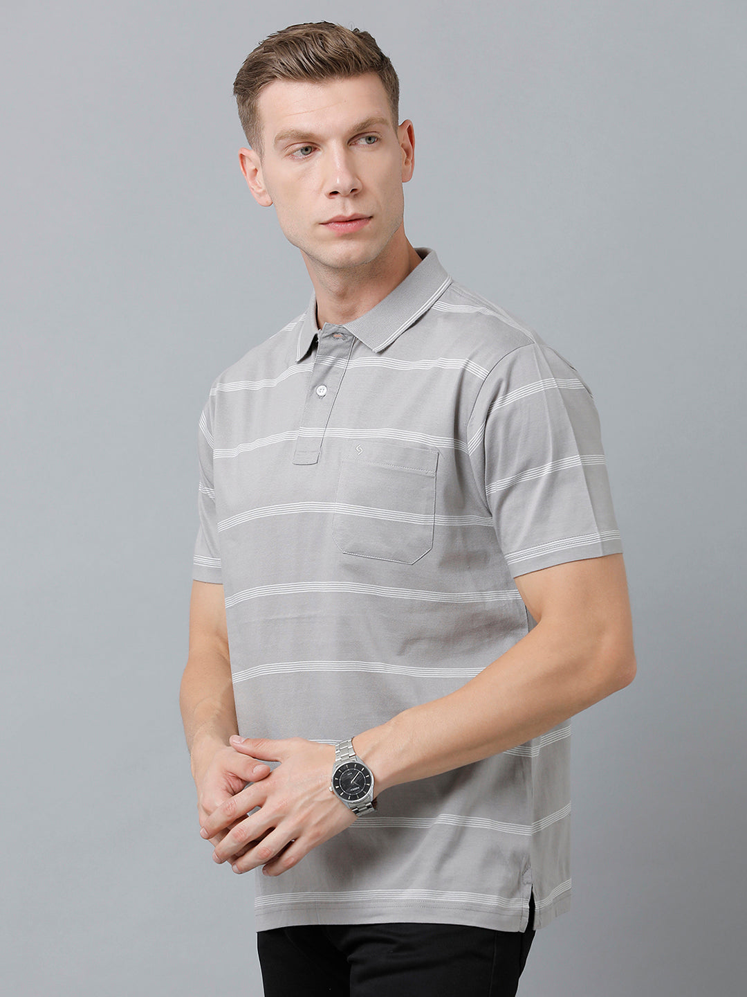 Classic Polo Men's Cotton Half Sleeve Striped Authentic Fit Polo Neck Grey Color T-Shirt | Ap - 83 A