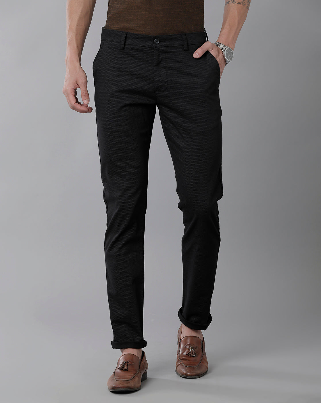 Classic Polo Men's 100% Cotton Moderate Fit Solid Black Color Trouser | TO1-33 D-BLK