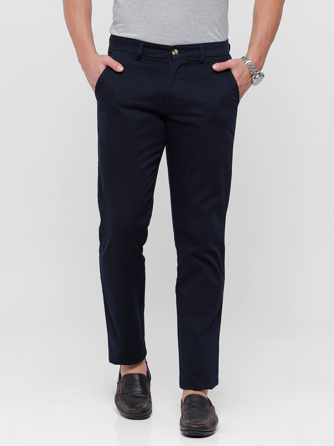 Classic Polo Mens Solid Slim Fit Navy Blue Trousers - EROS Navy