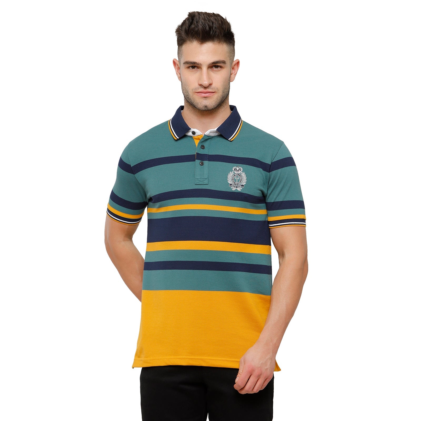 Classic Polo Mens Blue & Yellow Stripped Slim Fit Polo Neck T-Shirt - Vta 186 B T-shirt Classic Polo 