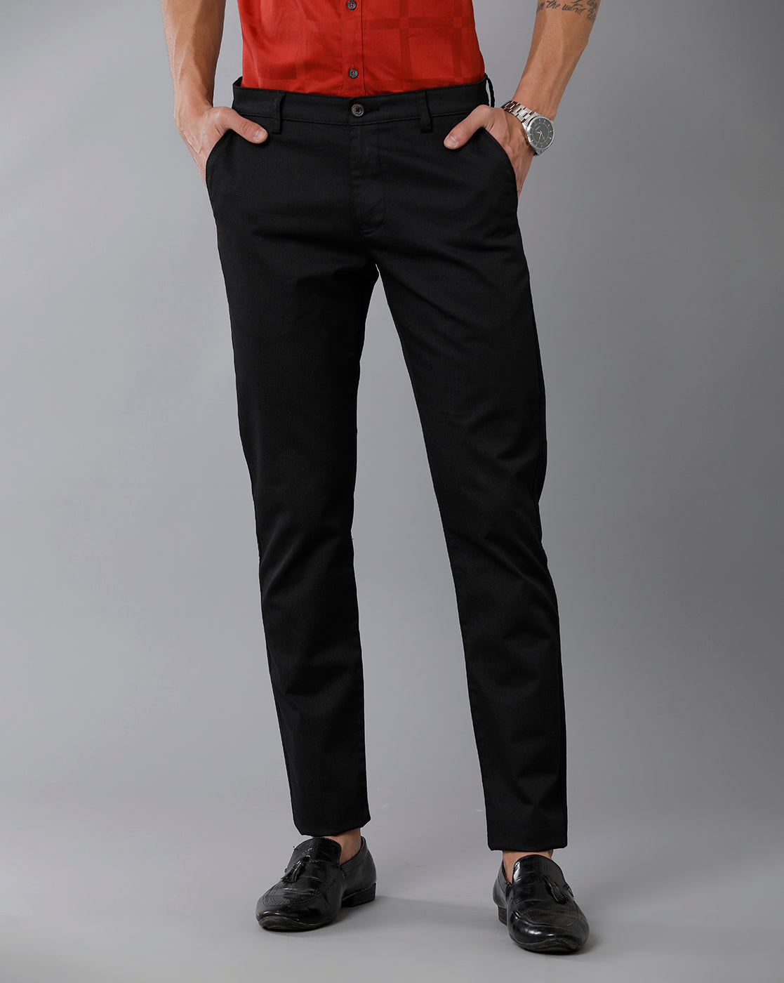 Classic Polo Men's 100% Cotton Moderate Fit Solid Black Color Trouser | TO1-36 B-BLK