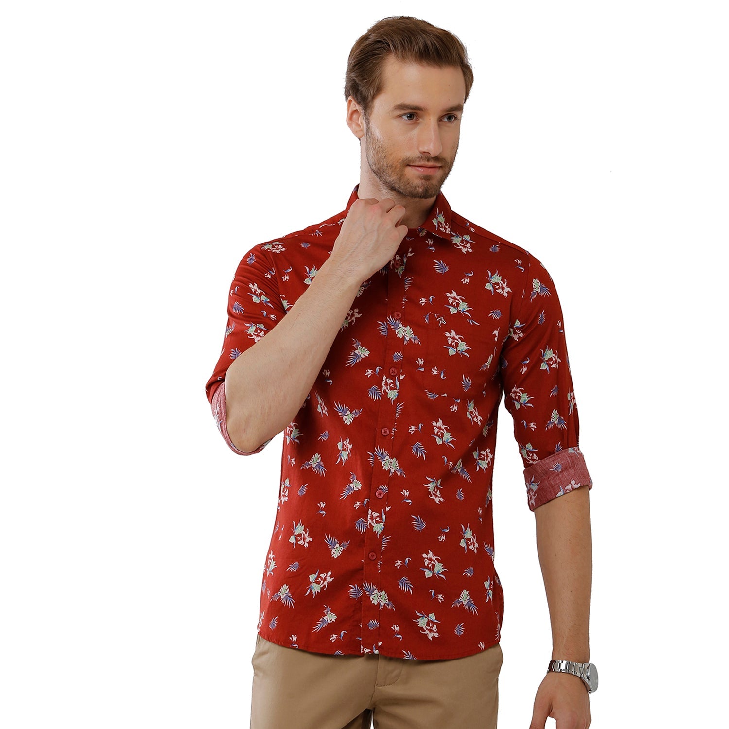 Classic Polo Bro Mens 100% Cotton Printed Full Sleeve Slim Fit Polo Neck Red Color Woven Shirt (SBN1-57 A-FS-PRT-BSL) Classic Polo 