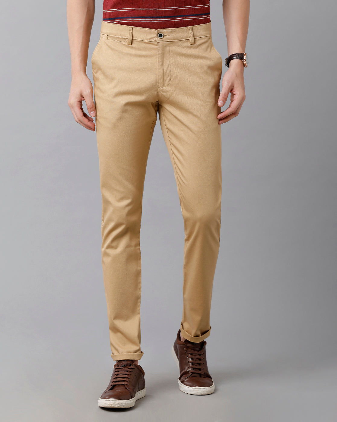 Classic Polo Men's Cotton Solid Slim Fit Khaki Color Trousers | Tn2-02 A