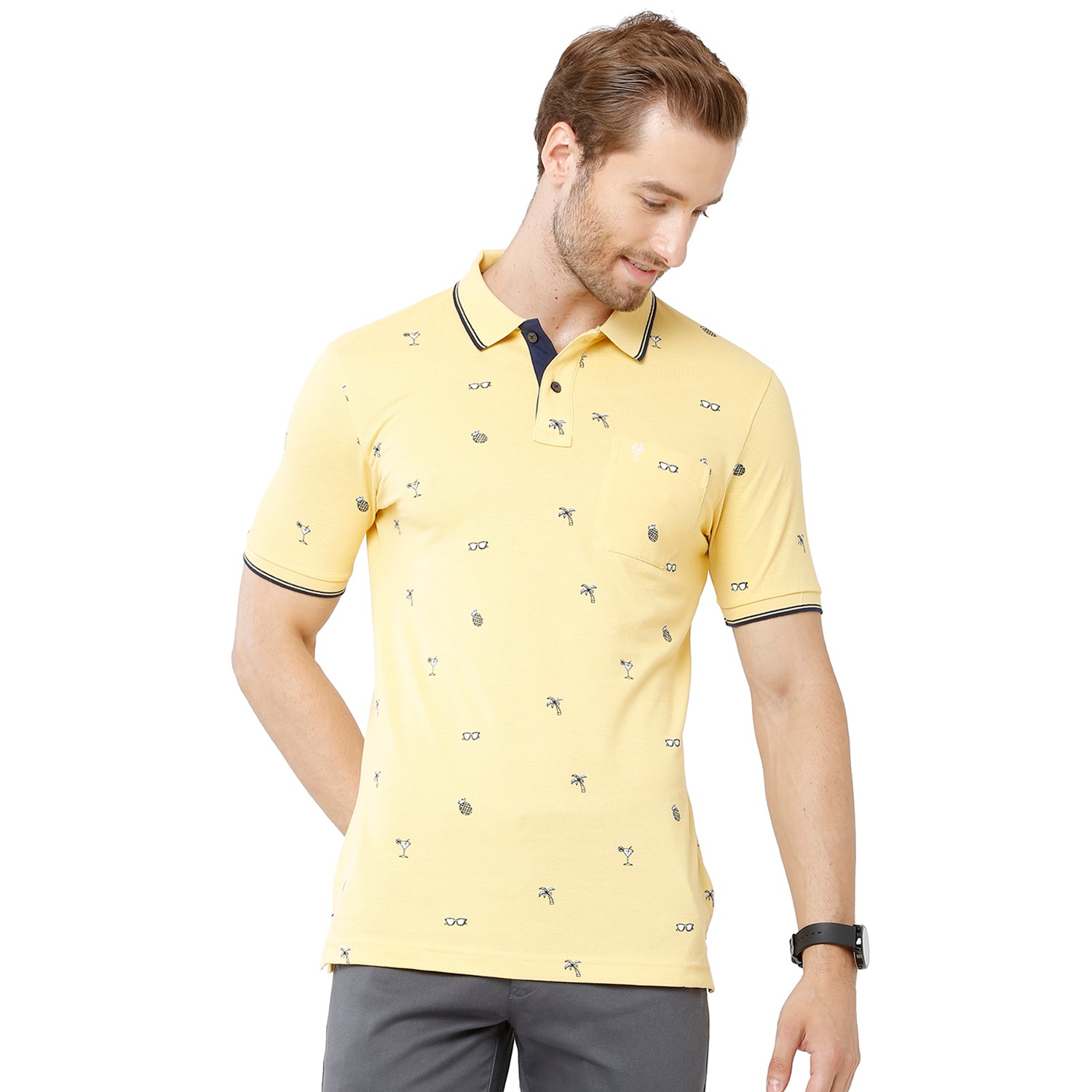 Classic Polo Mens 100% Cotton Printed Slim Fit Yellow Color Polo Neck T-Shirt -BEAU 168 A T-shirt Classic Polo 