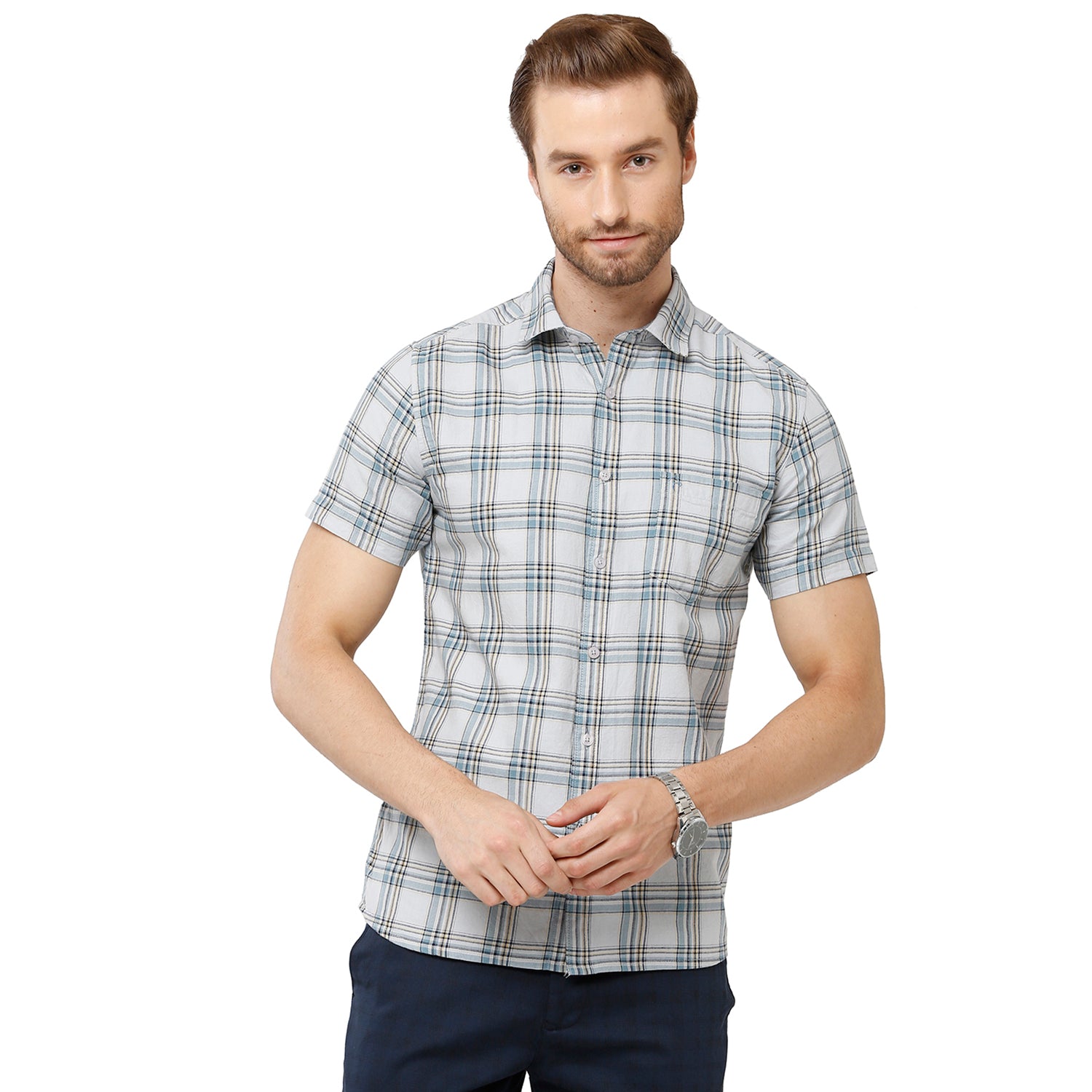Classic Polo Bro Mens 100% Cotton Checked Half Sleeve Slim Fit Polo Neck Multicolor Woven Shirt (SBN1-55 B-HS-CHK-BSL) Classic Polo 