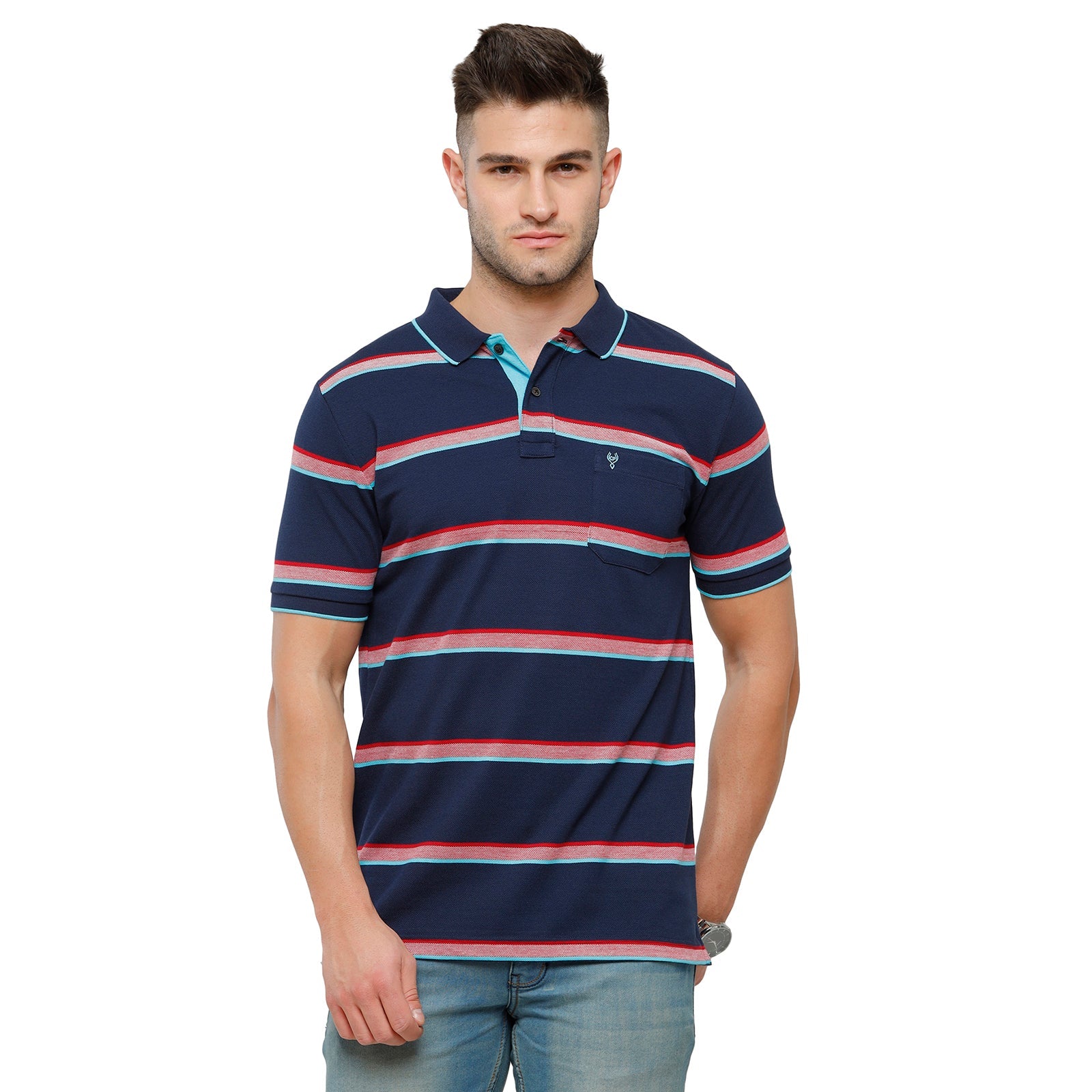 Classic Polo Mens Cotton Striped Slim Fit Polo Neck Navy Colour T-Shirt - Adore 161 B T-shirt Classic Polo 