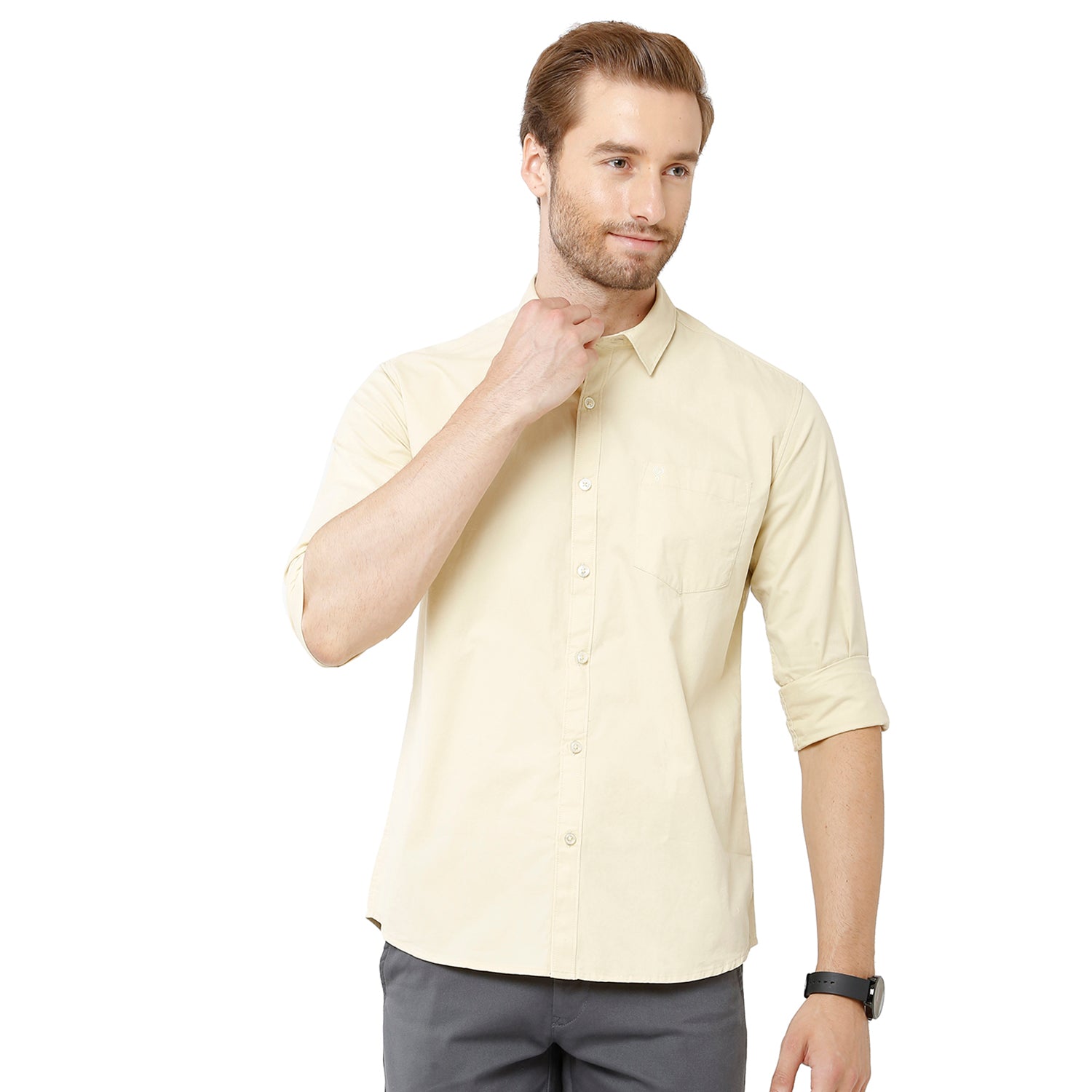 Classic Polo Mens 100% Cotton Full Sleeve Solid Slim Fit Cream Yellow Color Woven Shirt -SN1 115 B Classic Polo 
