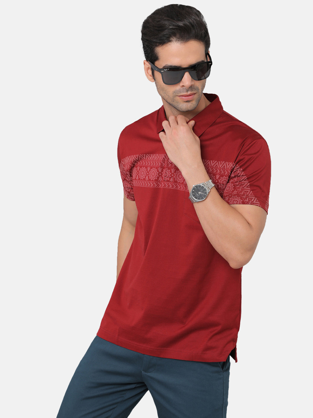 Classic Polo Mens Cotton Printed Slim Fit Polo Neck Red Color T-Shirt | Unico 17a