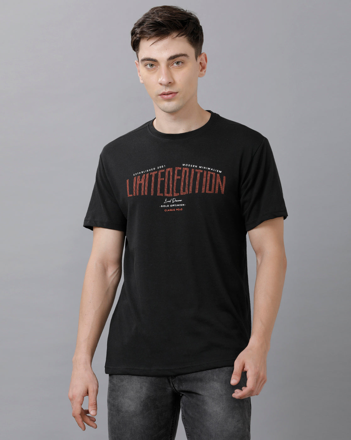Classic Polo Mens Cotton Printed Half Sleeve Slim Fit Round Neck Black Color T-Shirt | Baleno 489