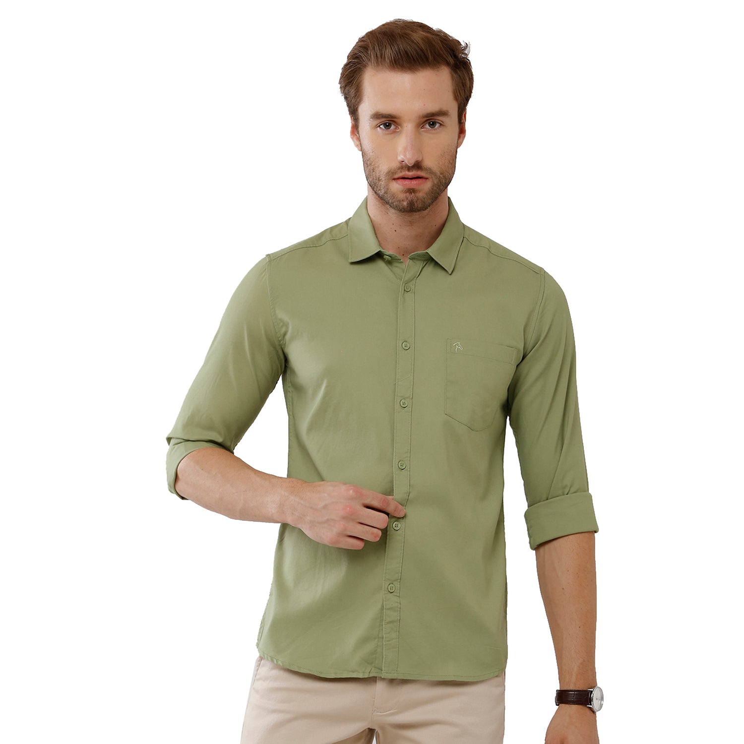 Classic Polo Bro Mens 100% Cotton Solid Full Sleeve Slim Fit Polo Neck Green Color Woven Shirt (SBN1-70 C-FS-SLD-BSL) Classic Polo 