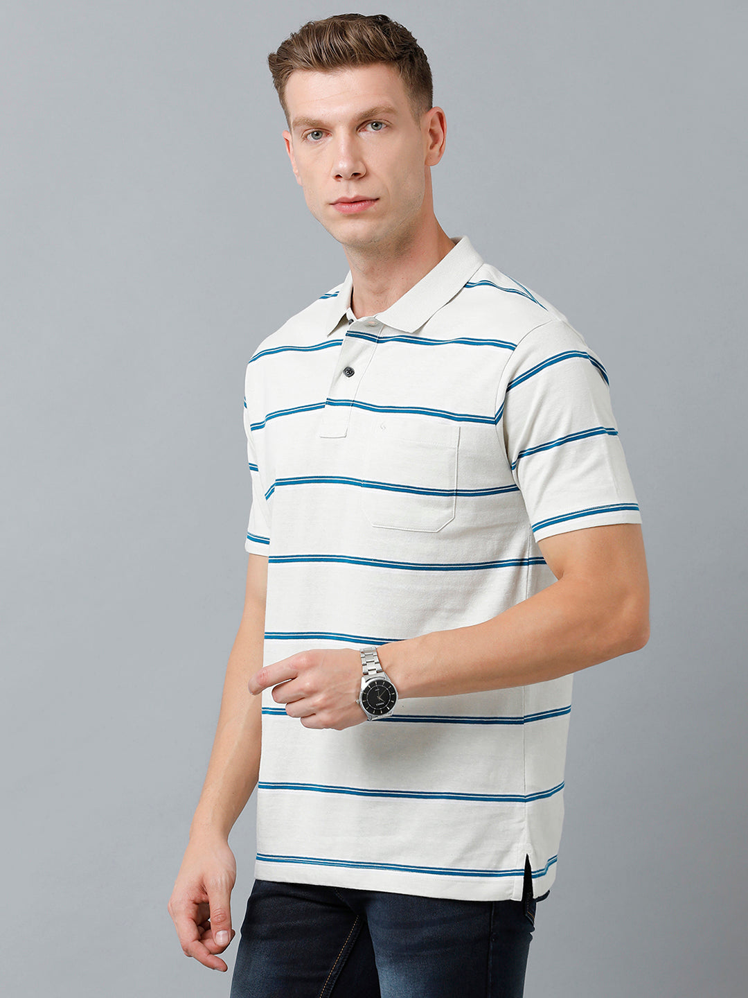 Classic Polo Men's Cotton Blend Half Sleeve Striped Authentic Fit Polo Neck White Color T-Shirt | Avon - 513 B