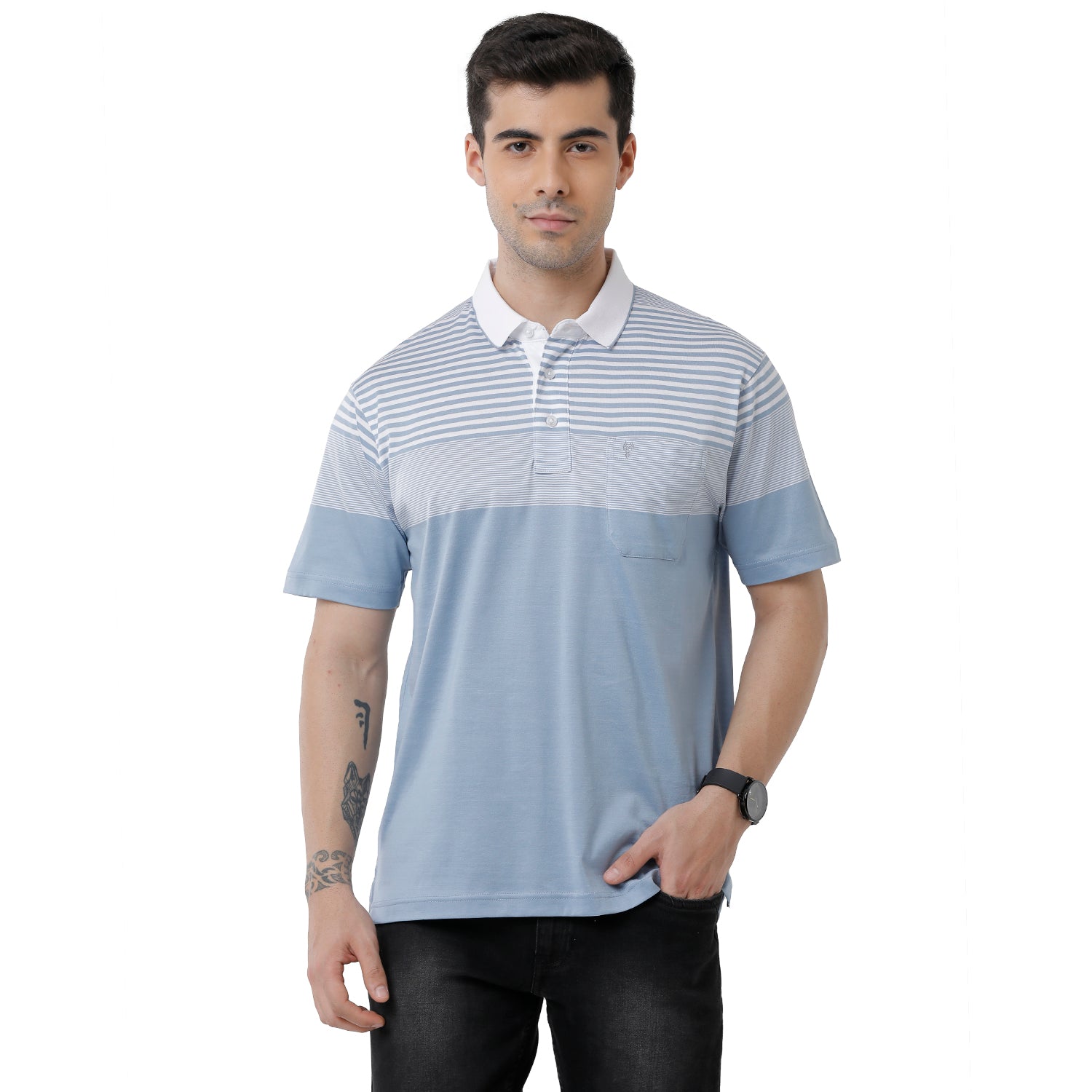 Classic Polo Mens Striped Authentic Fit Polo Neck Light Blue Premium T-Shirt - Ultimo 279 A T-shirt Classic Polo 