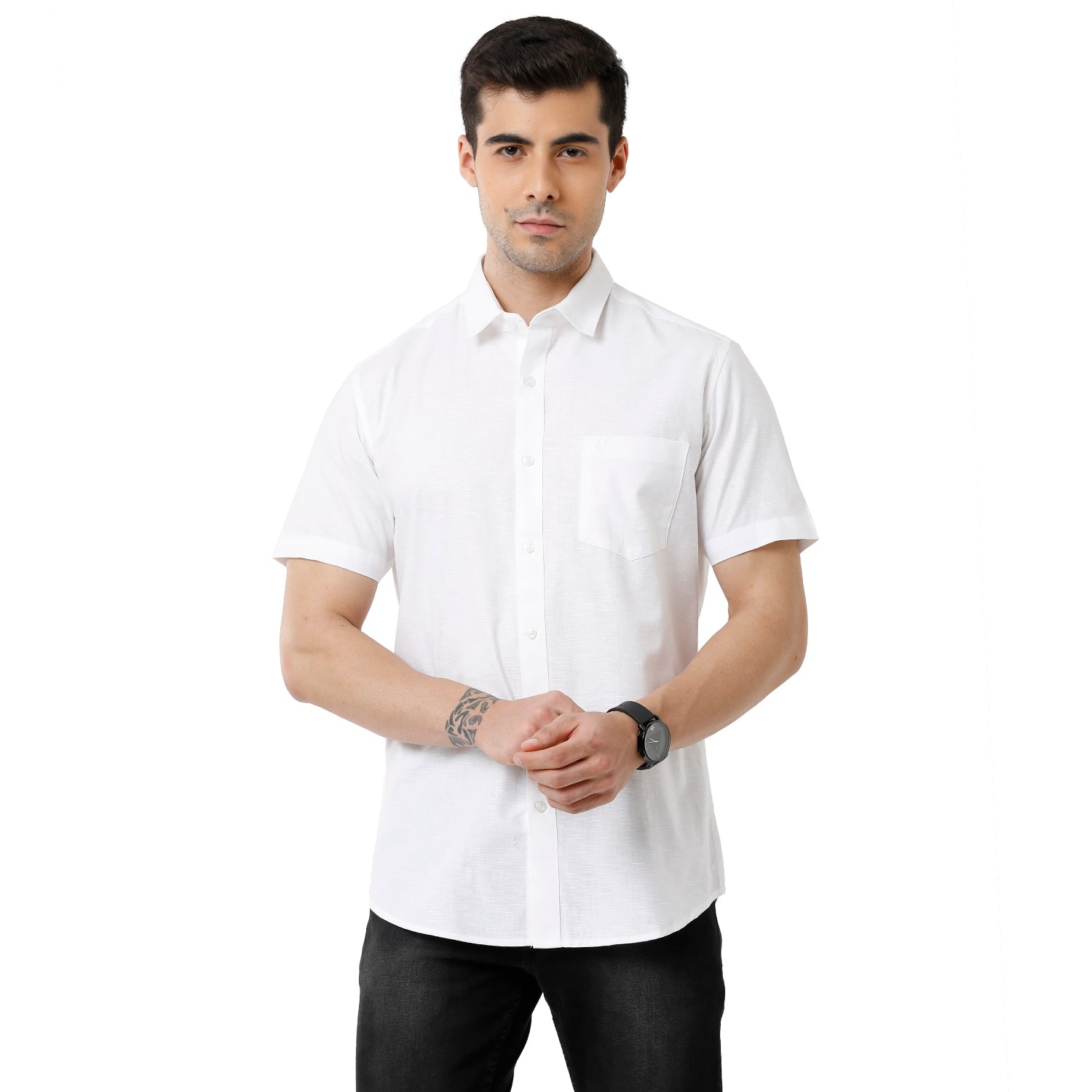 Classic Polo Mens 100% Cotton Solid Slim Fit Half Sleeve White Color Shirt - White-01 Shirts Classic Polo 