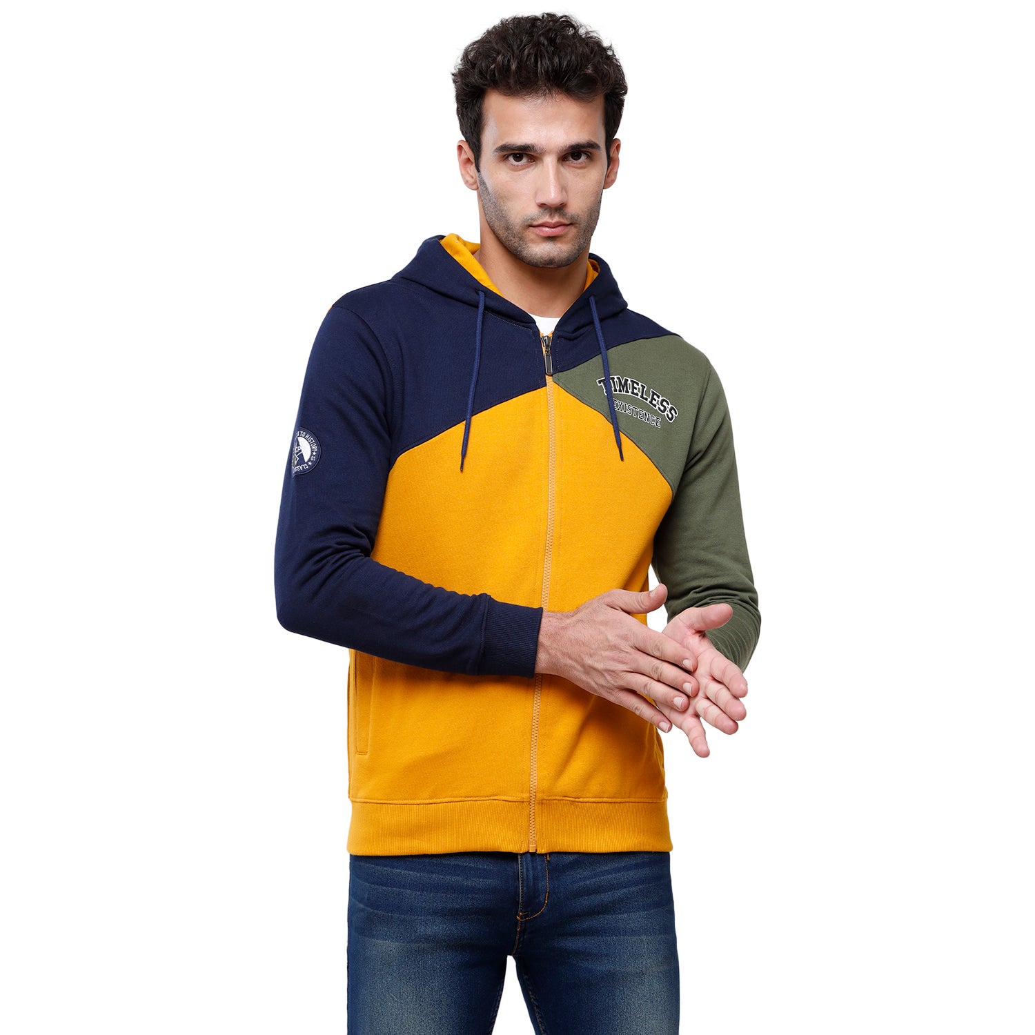 Classic Polo Men's Color Block Full Sleeve Yellow & Blue Hood Sweat Shirt - CPSS - 326A Sweat Shirts Classic Polo 