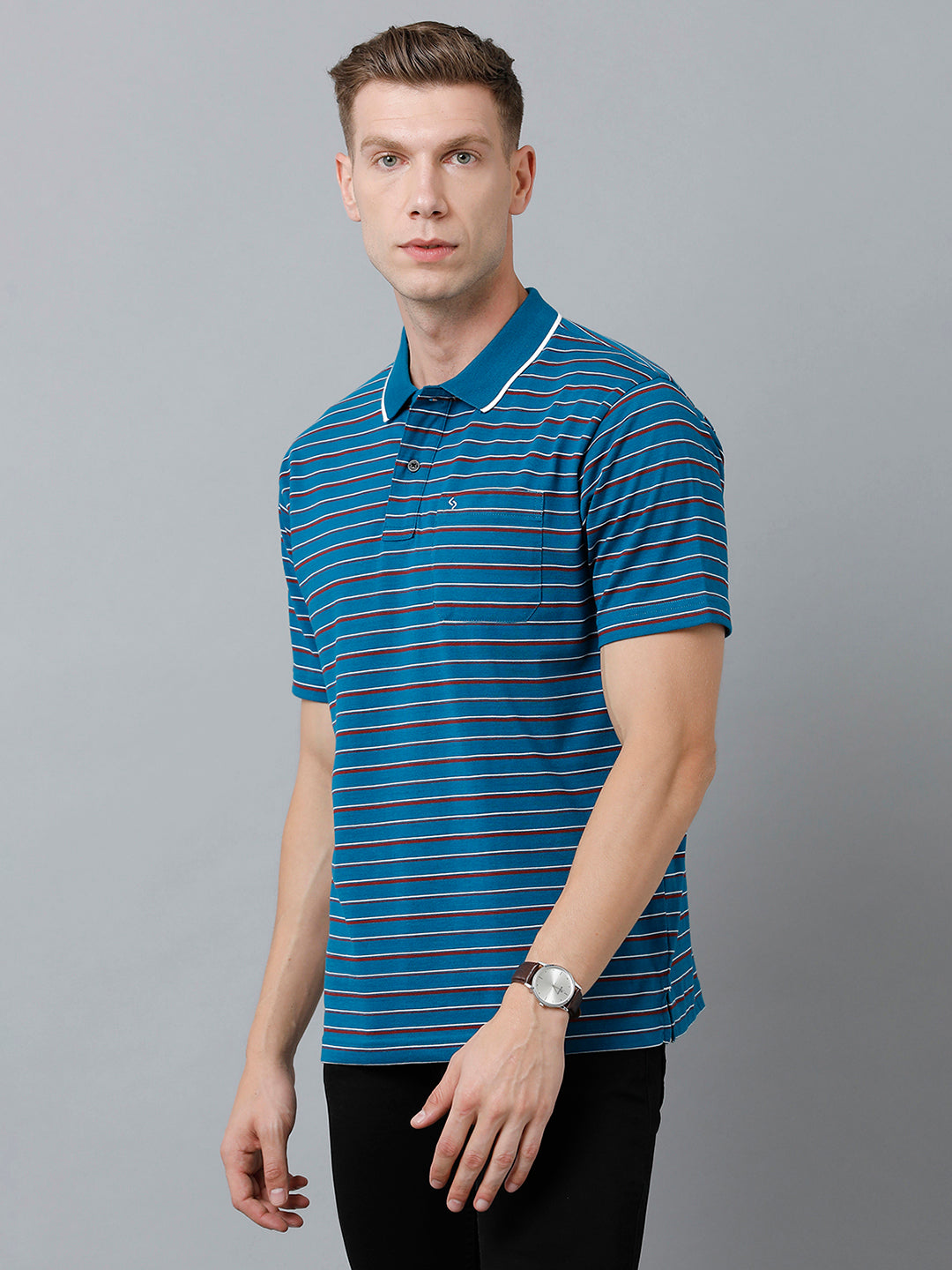 Classic Polo Men's Cotton Half Sleeve Striped Authentic Fit Polo Neck Royal Blue Color T-Shirt | Feeders - 218 B