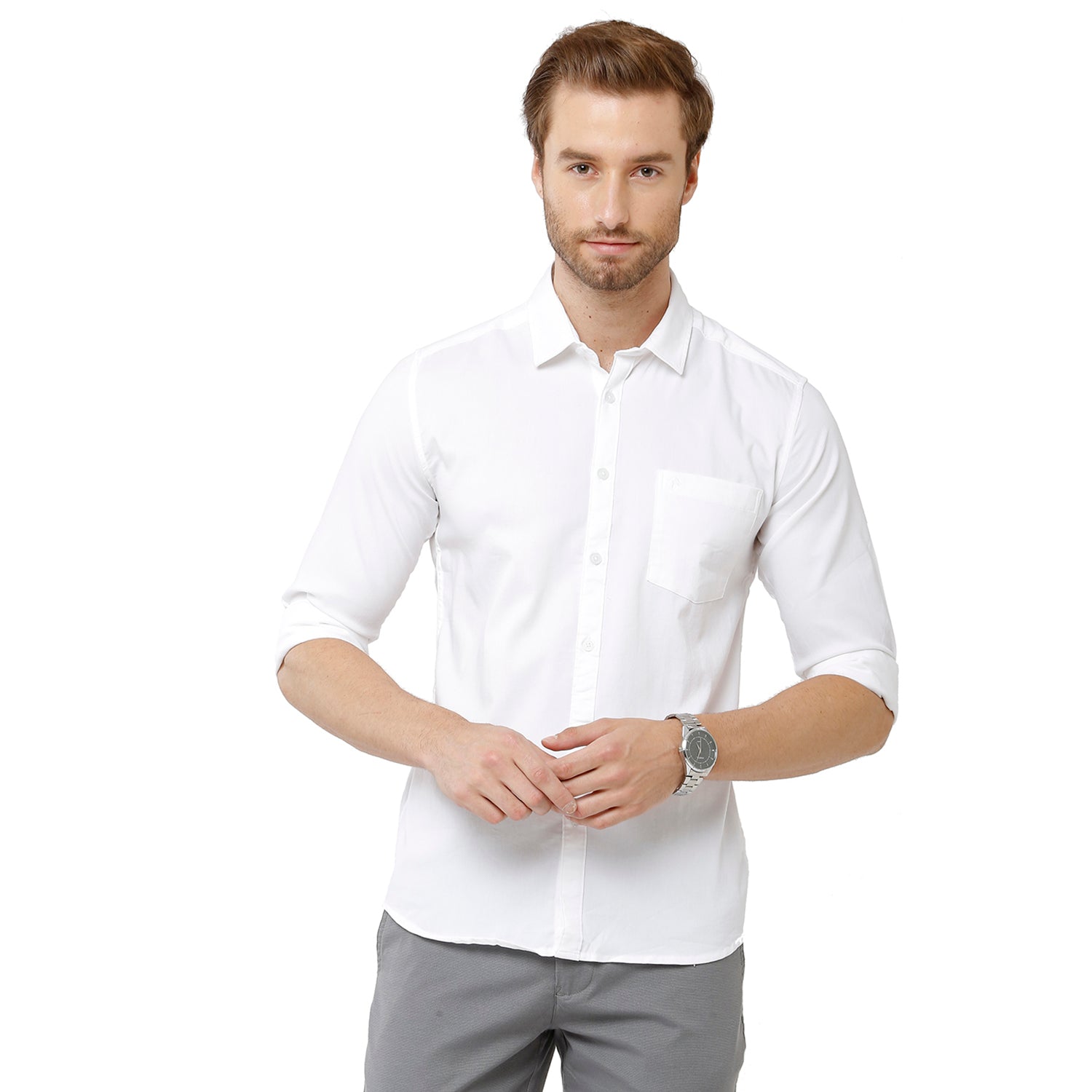 Classic Polo Bro Mens 100% Cotton Solid Full Sleeve Slim Fit Polo Neck White Color Woven Shirt (SBN1-70 B-FS-SLD-BSL) Classic Polo 