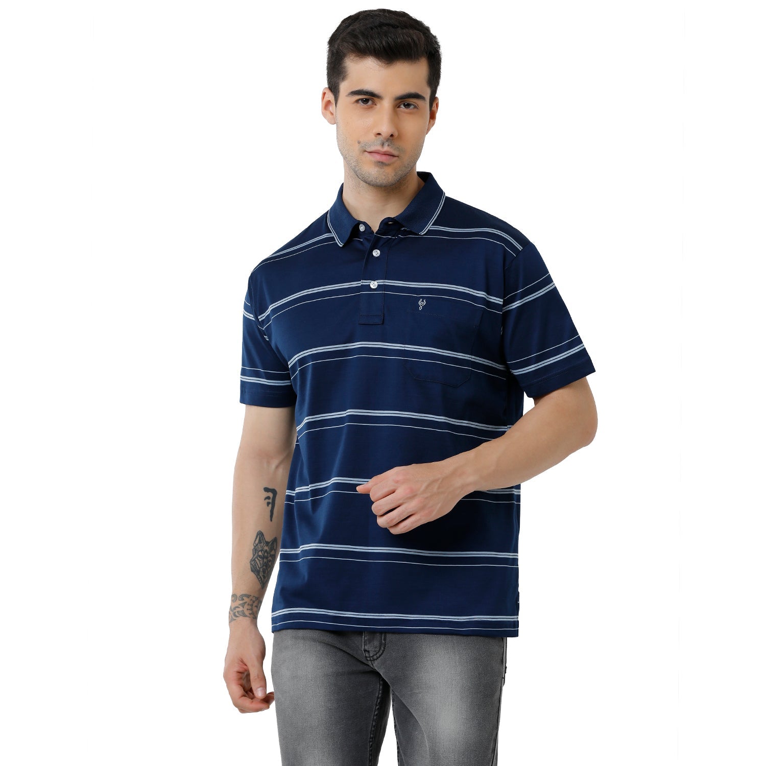 Classic Polo Mens Striped Authentic Fit Polo Neck Navy Blue Color Premium T-Shirt - Ultimo 278 A T-shirt Classic Polo 