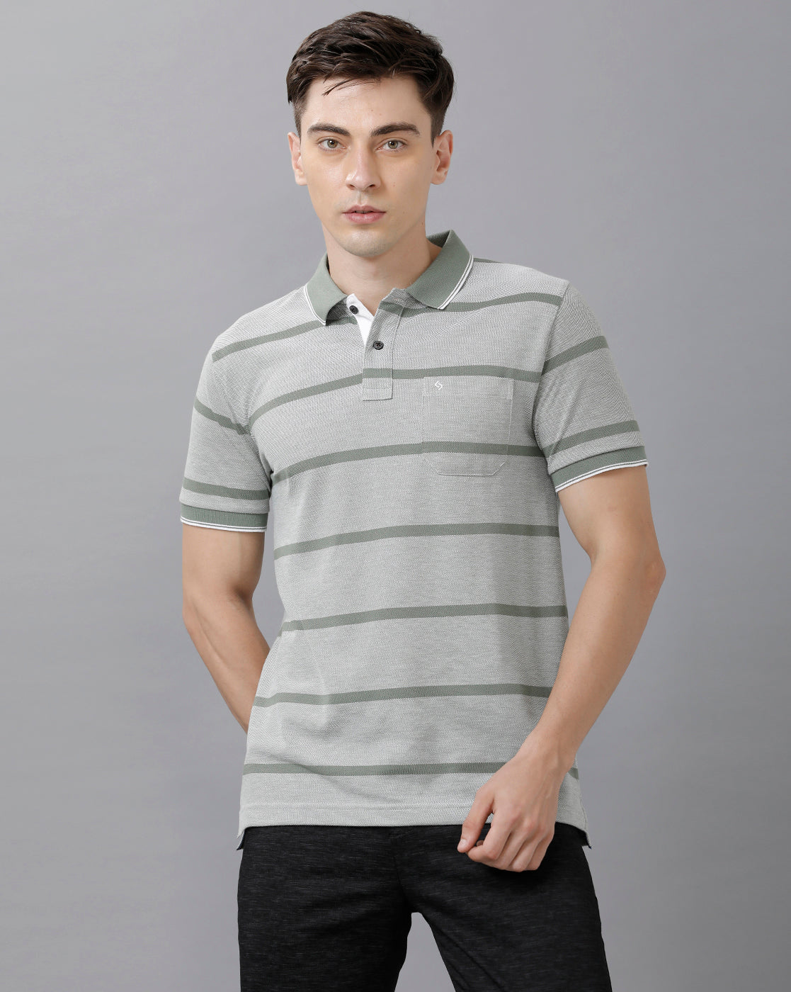 Classic Polo Mens Cotton Blend Striped Half Sleeve Slim Fit Polo Neck Grey Color T-Shirt | Adore 171 A