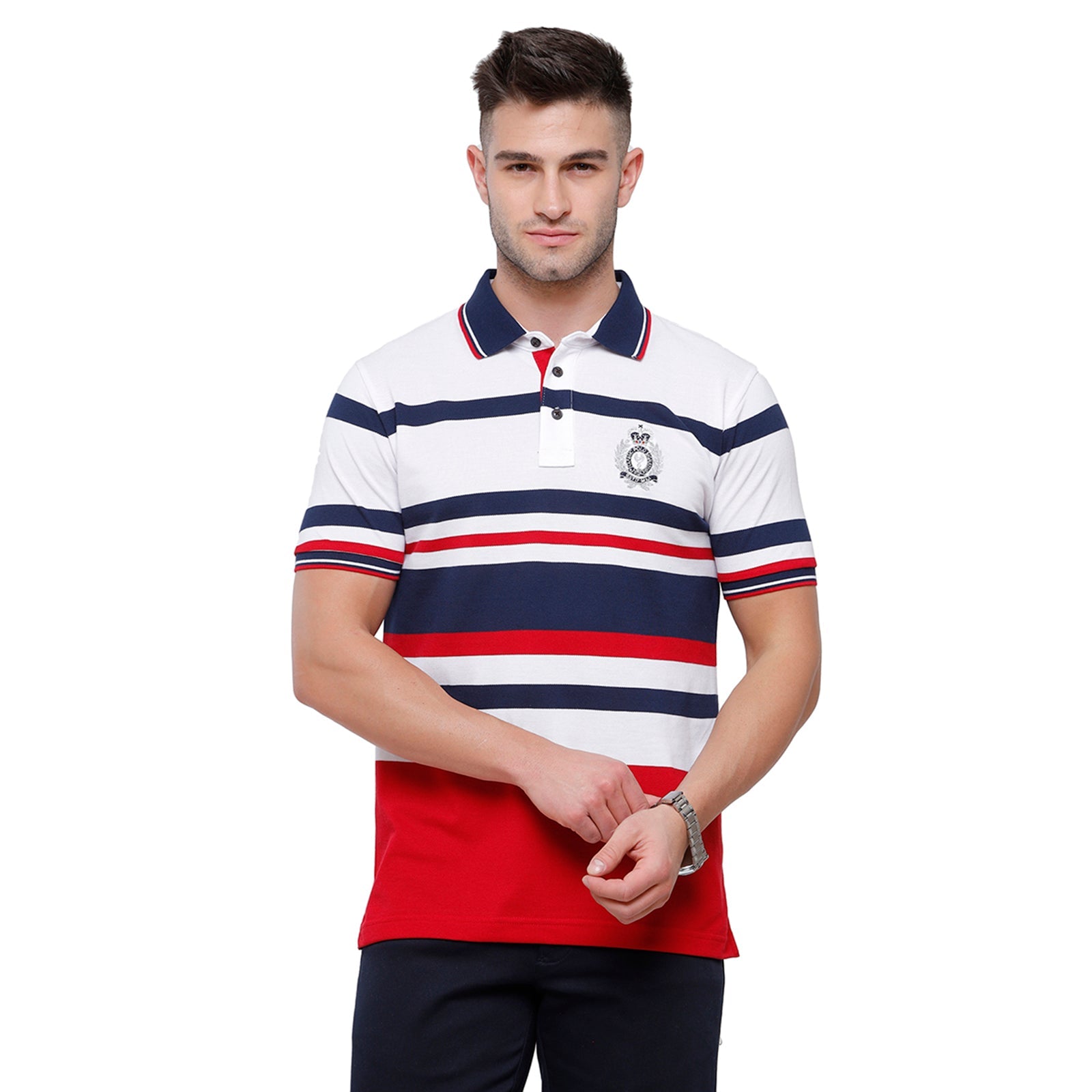 Classic Polo Mens White & Blue Stripped Half Sleeve Slim Fit Polo Neck T-Shirt - Vta 186 A T-shirt Classic Polo 