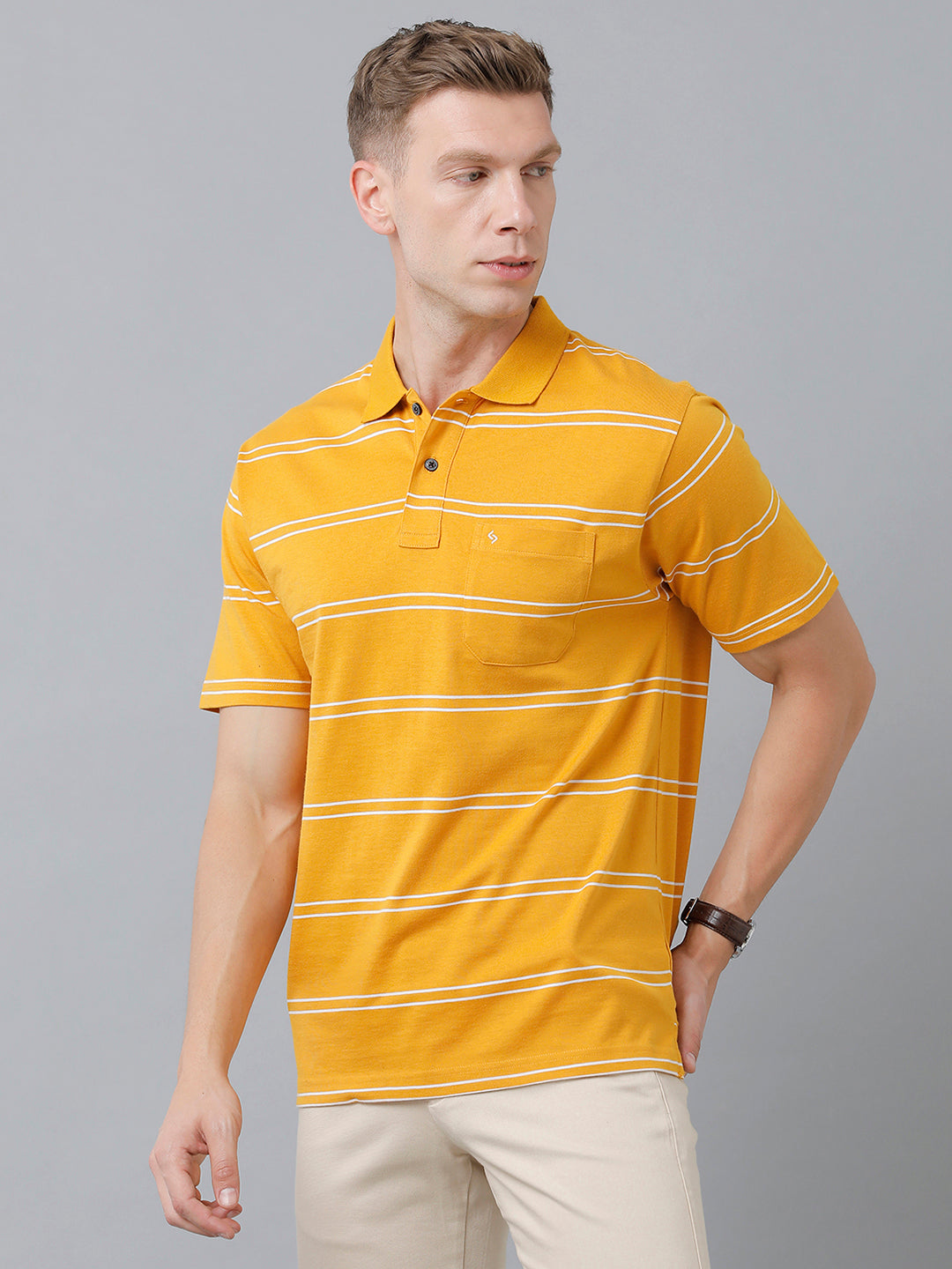 Classic Polo Men's Cotton Blend Half Sleeve Striped Authentic Fit Polo Neck Golden Yellow Color T-Shirt | Avon - 521 B