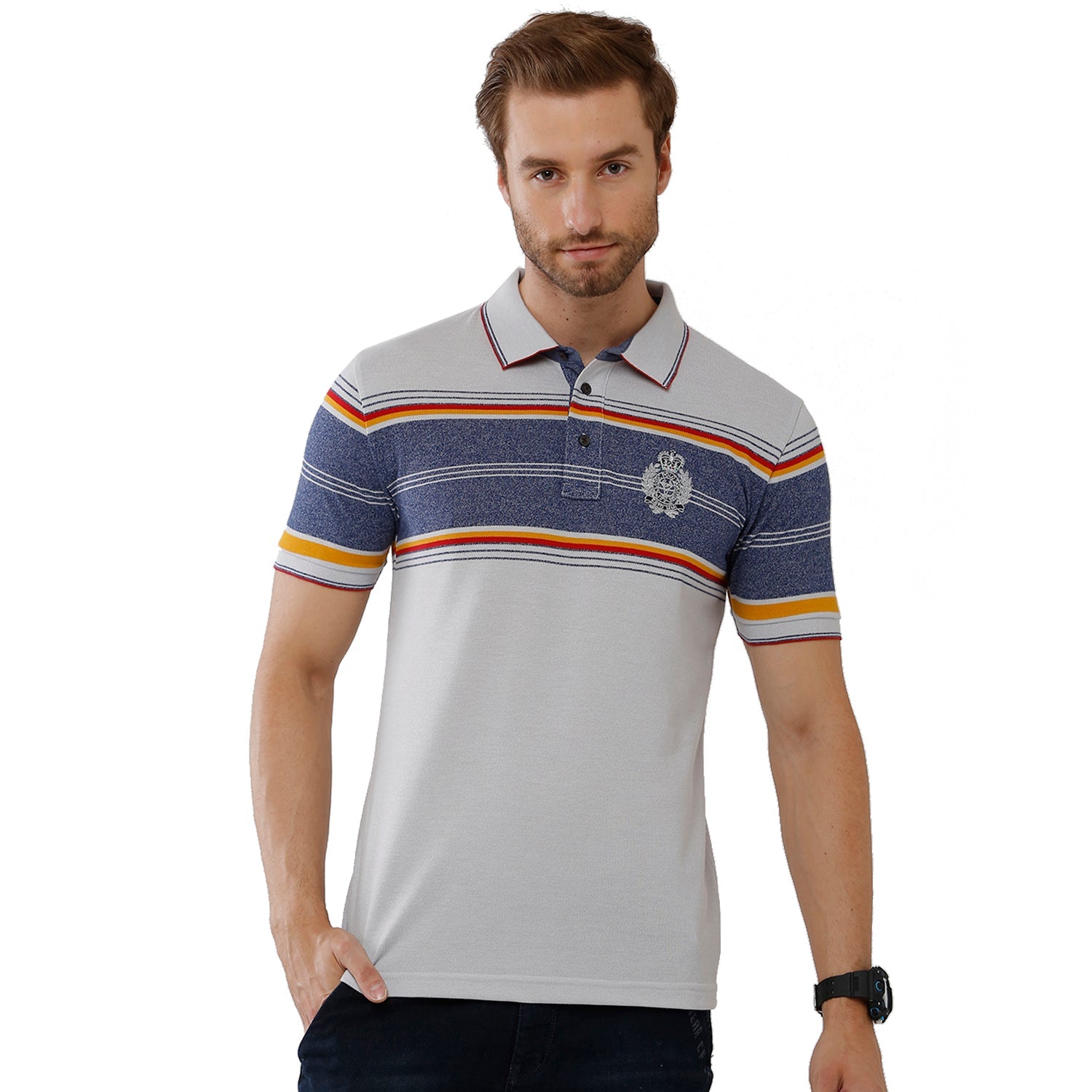 Classic Polo Mens 100% Cotton Multi Grey Stripped Slim Fit Polo Neck T-Shirt - VTA 189 A T-shirt Classic Polo 