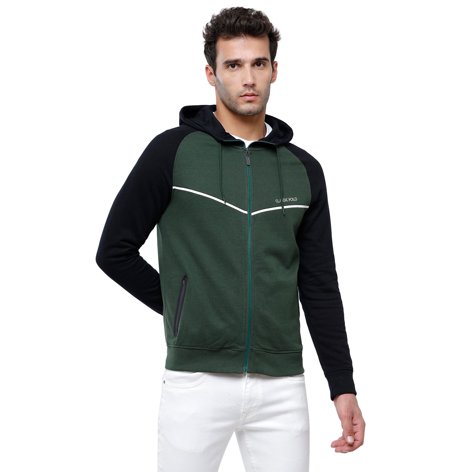 Classic Polo Men's Color Block Full Sleeve Green & Black Hooded Sweat Shirt - CPSS-325A Sweat Shirts Classic Polo 