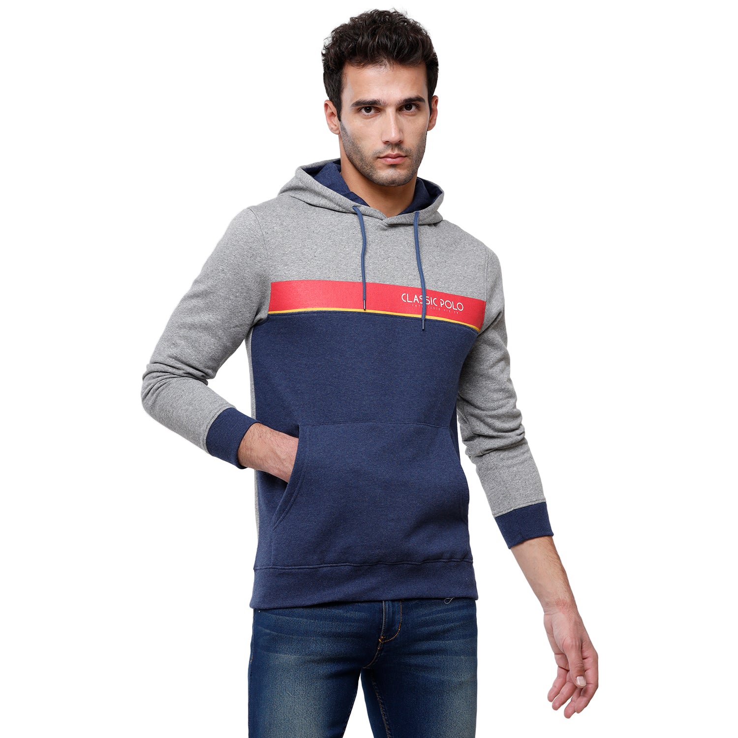 Classic Polo Men's Grey & Navy Color Block Full Sleeve Hoodie Sweat Shirt - CPSS - 334A Sweat Shirts Classic Polo 
