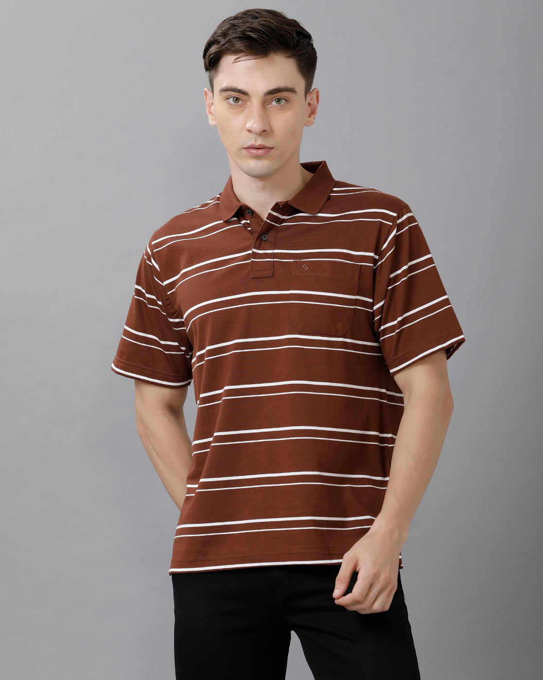 Classic Polo Mens Cotton Blend Striped Half Sleeve Authentic Fit Polo Neck Brown Color T-Shirt | Avon 497 B