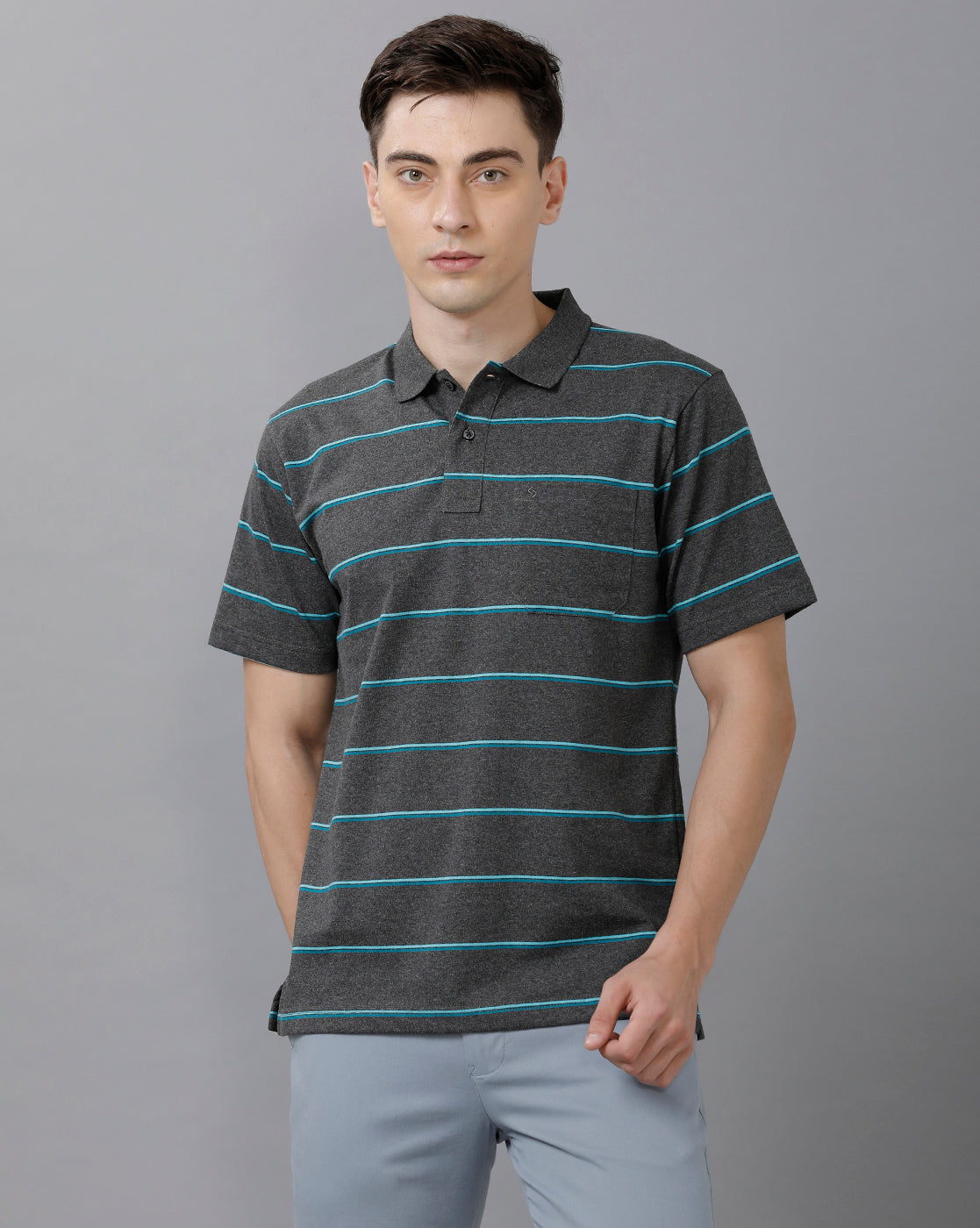 Classic Polo Mens Cotton Blend Striped Half Sleeve Authentic Fit Polo Neck Dark Grey Color T-Shirt | Avon 494 B