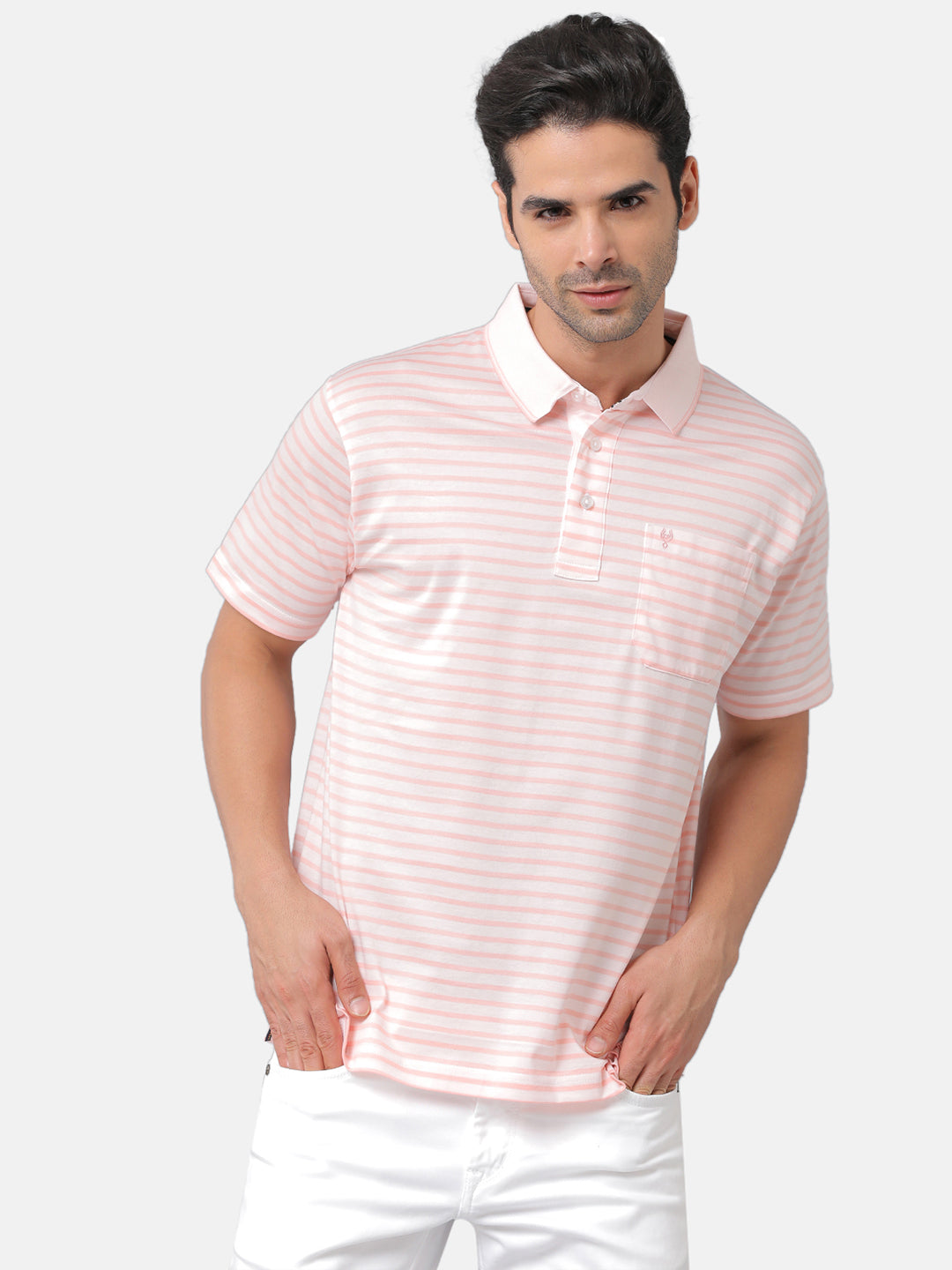 Classic Polo Mens Premium Cotton Striped Authentic Fit Polo Neck Pink Color T-Shirt | ultimo 272B