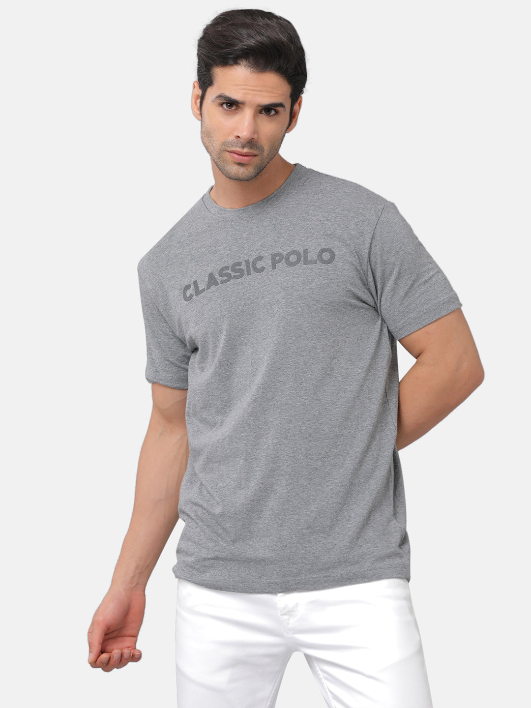 Classic Polo Mens Cotton Chest Print Slim Fit Round Neck Grey Color T-Shirt | Baleno 481