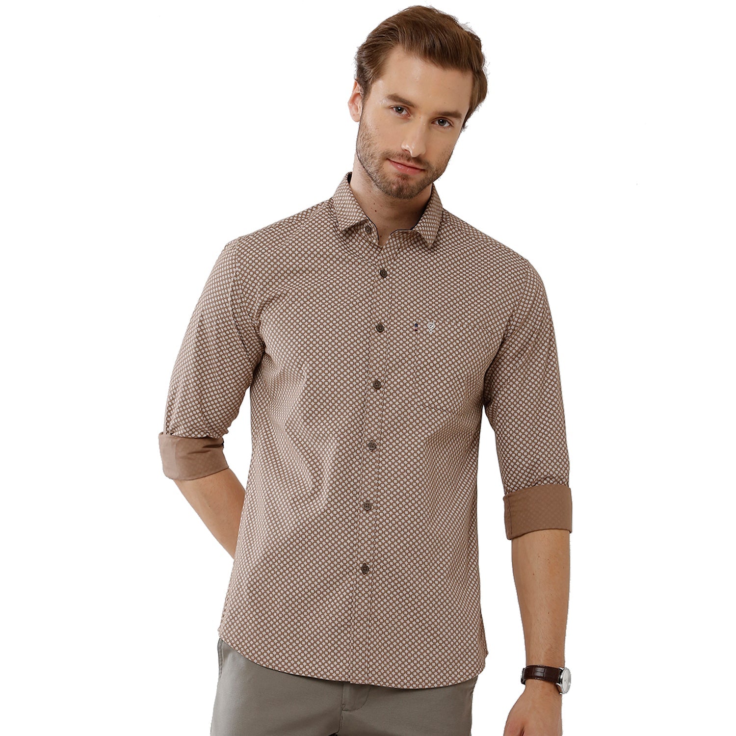 Classic Polo Mens 100% Cotton Full Sleeve Printed Slim Fit Beige Woven Shirt -SN1 56 B Shirts Classic Polo 