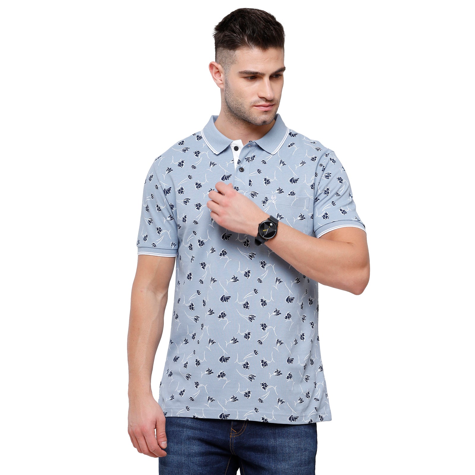 Classic Polo Mens Printed Slim Fit Polo Neck Blue Colour T-Shirt - Beau 163B T-shirt Classic Polo 