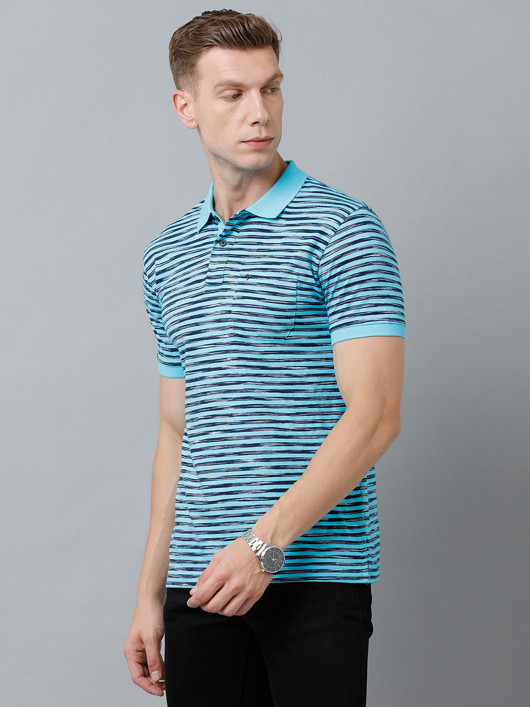 Classic Polo Men's Cotton Half Sleeve Striped Authentic Fit Polo Neck Sky Blue Color T-Shirt | Nexon - 01 A