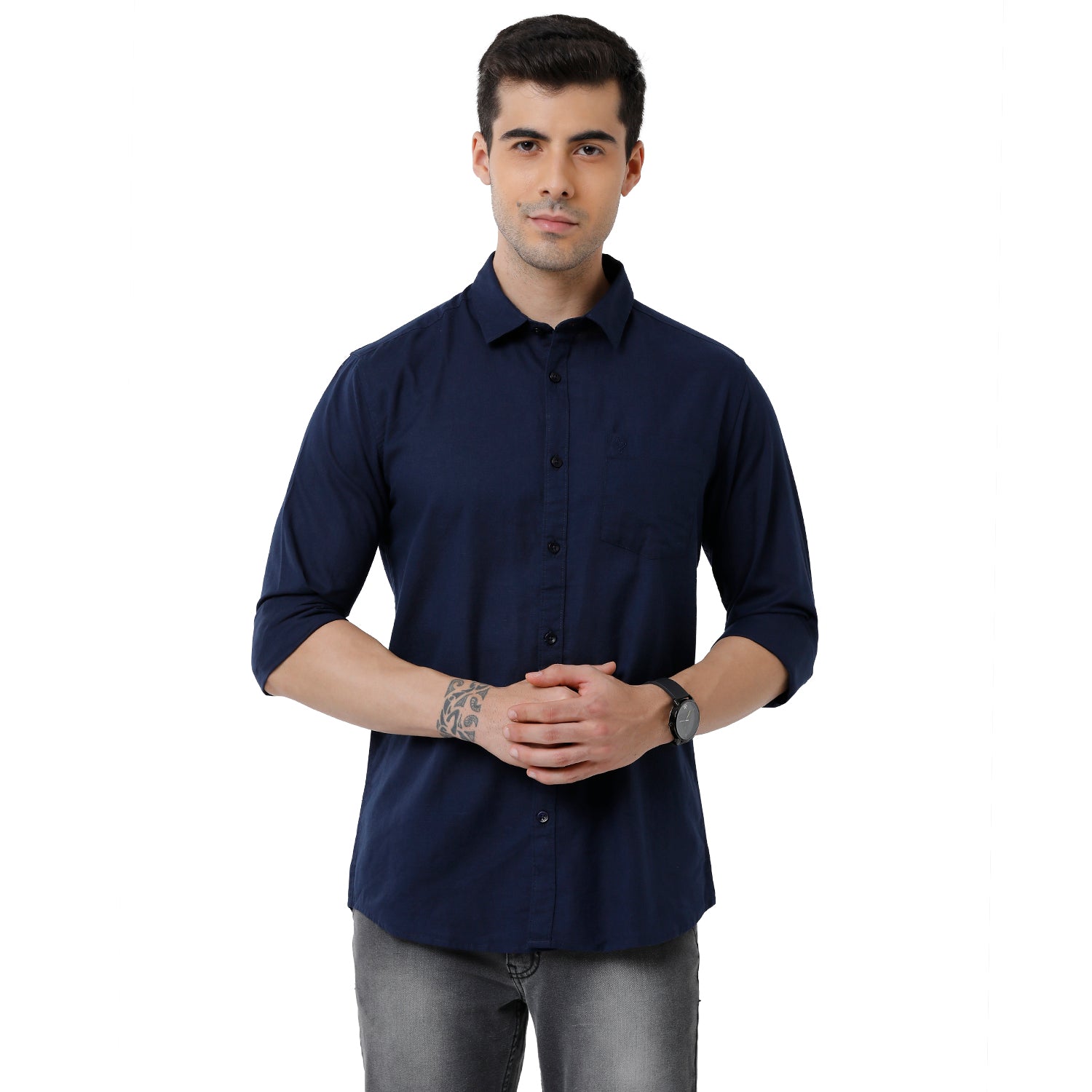 Classic Polo Mens Solid Slim Fit Full Sleeve Navy Blue Color Shirt - SN1-111 E Shirts Classic Polo 