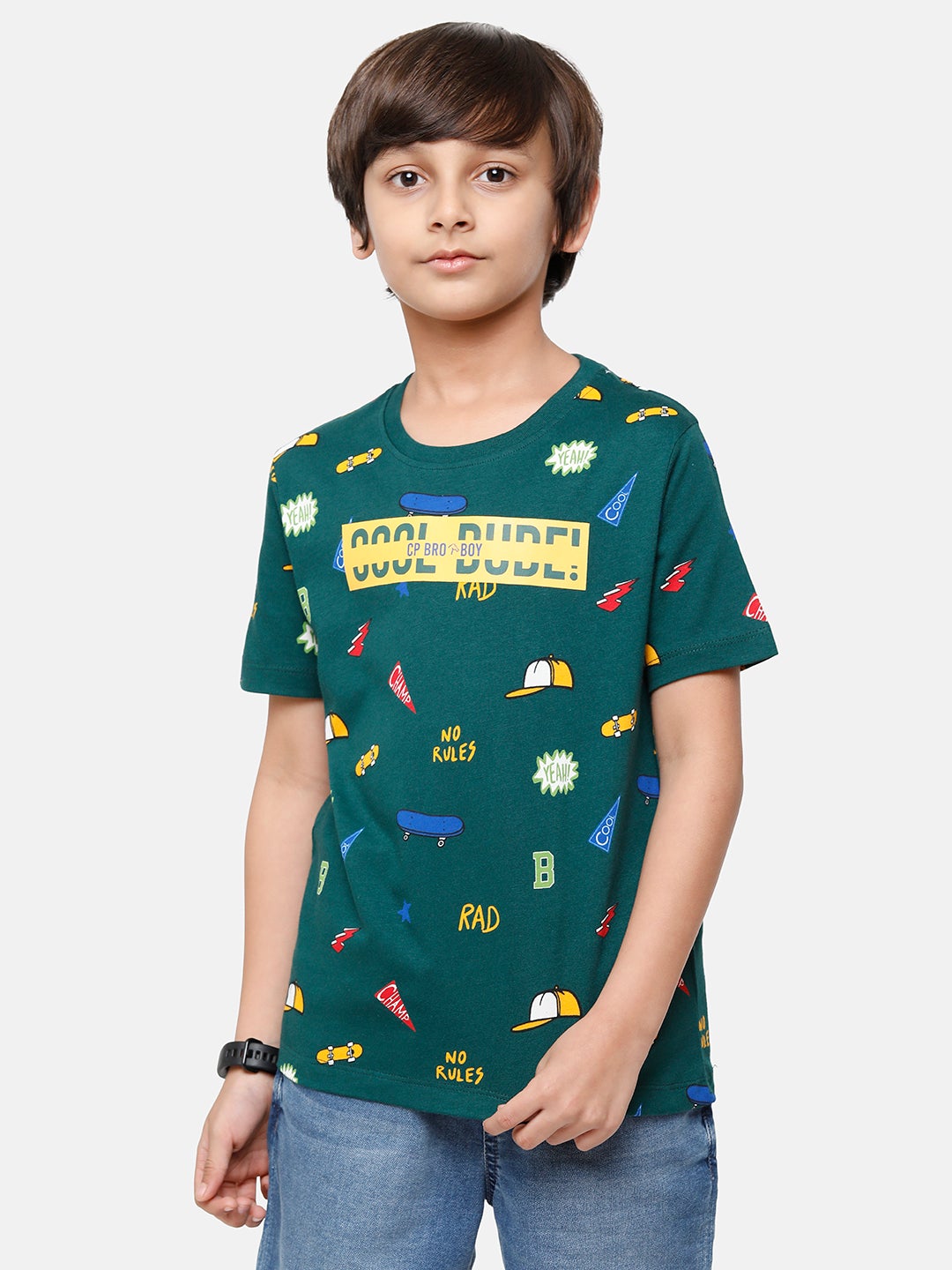 CP Boys Green Printed Slim Fit Round Neck T-Shirt T-shirt Classic Polo 